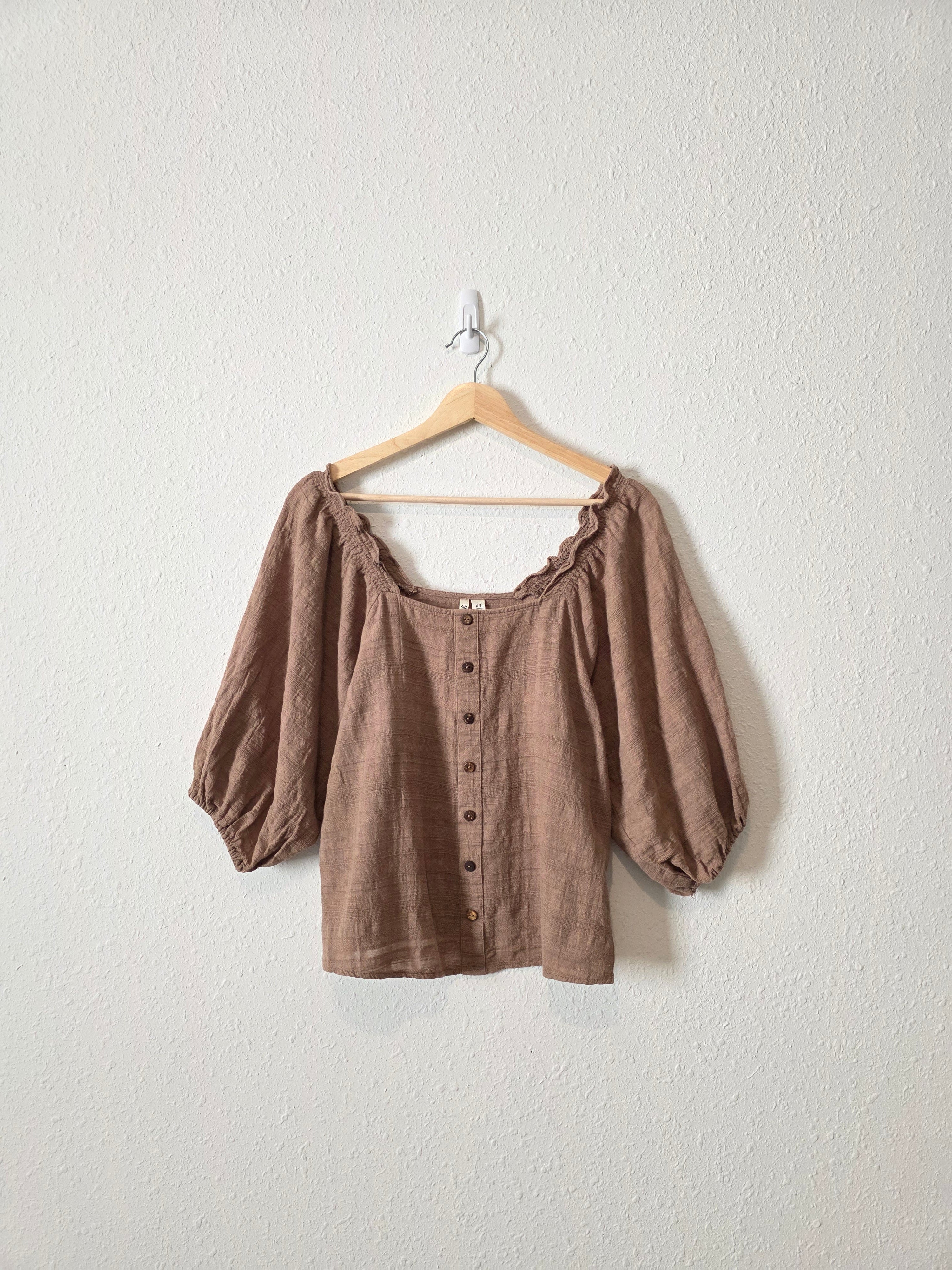Brown Puff Sleeve Cotton Top (XS)
