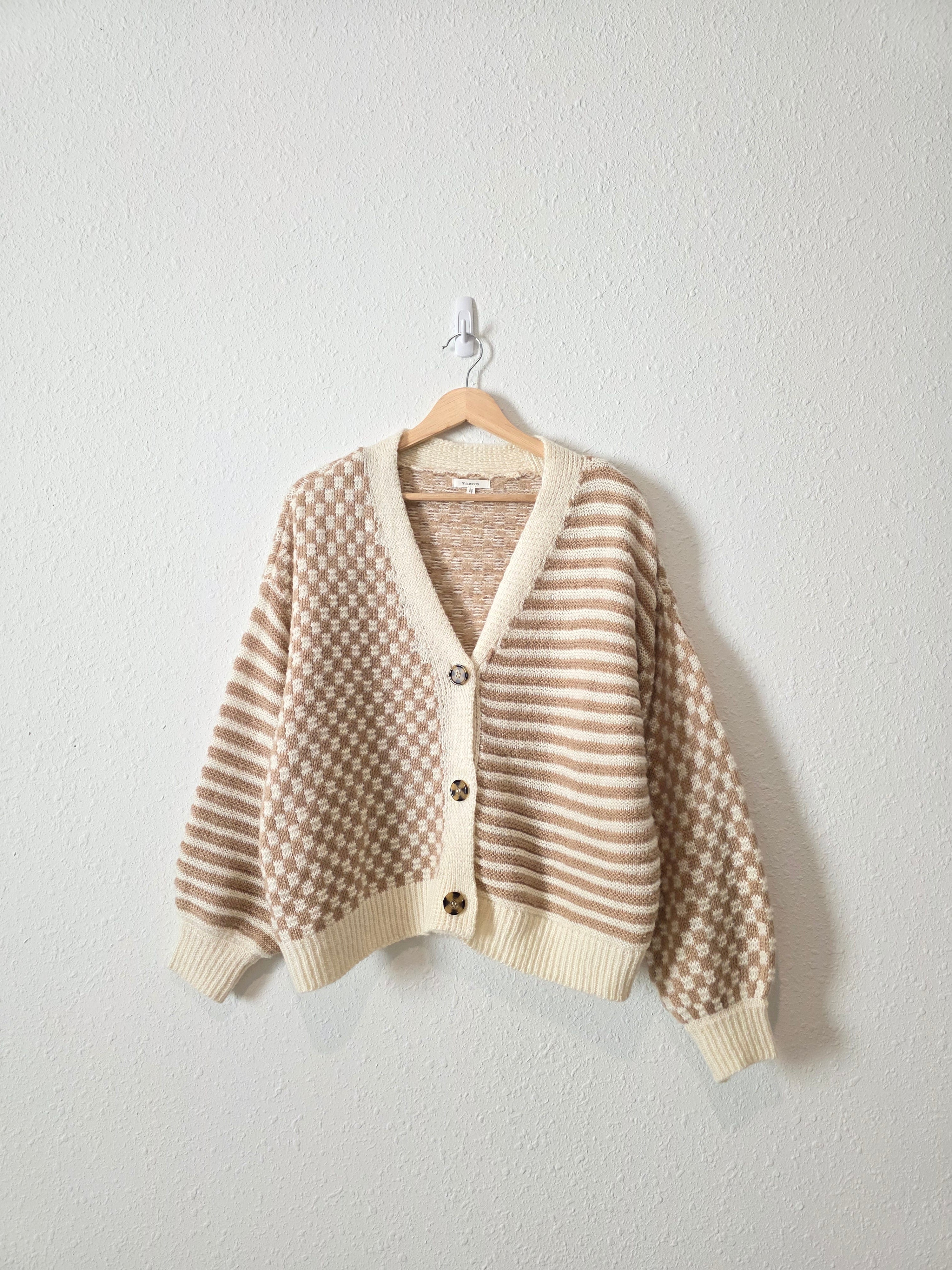 Neutral Checkered Striped Cardigan (M)
