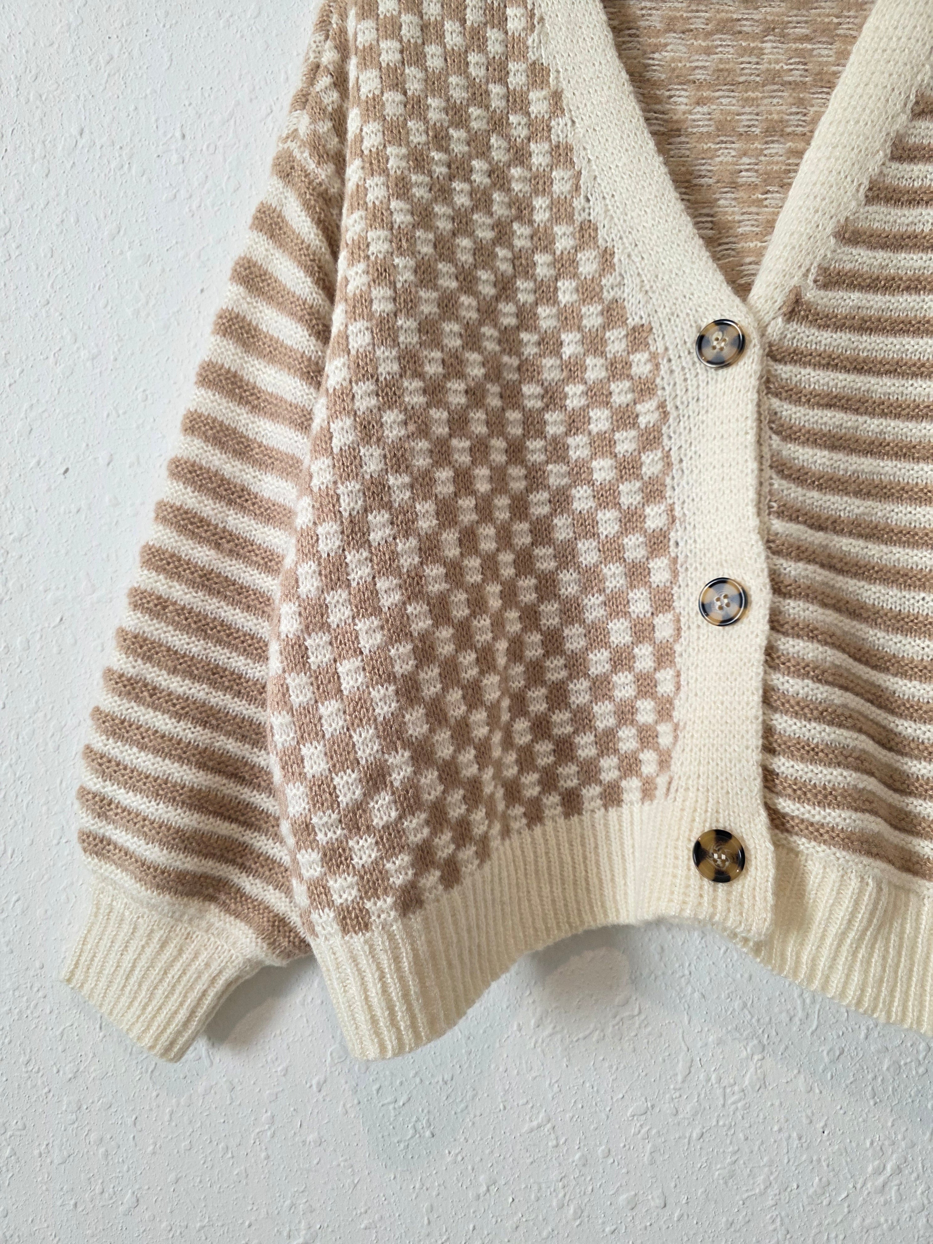 Neutral Checkered Striped Cardigan (M)