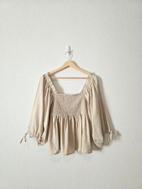Oat Linen Blend Smocked Top (S)