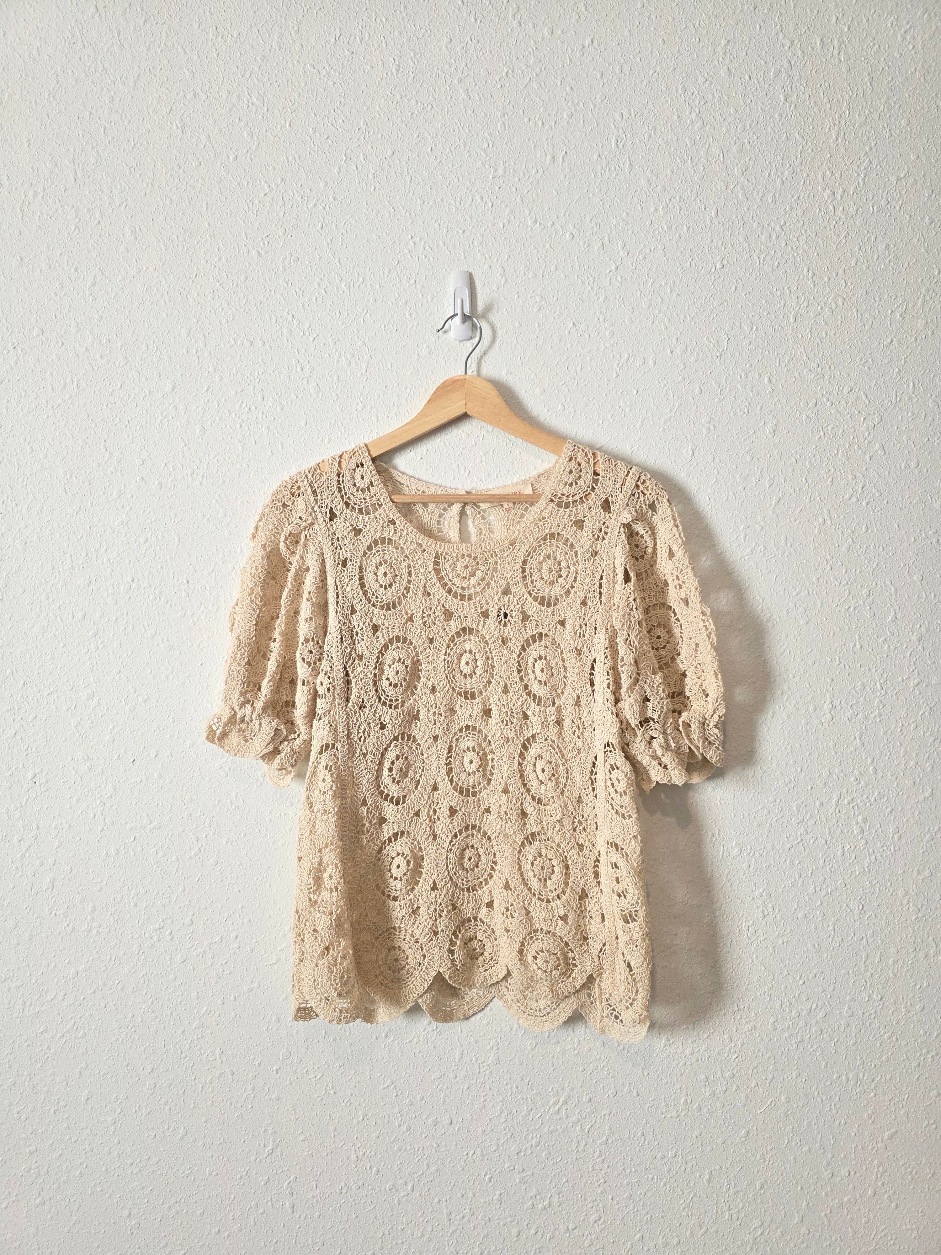 Crochet Knit Puff Sleeve Top (S)