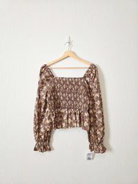 NEW Brown Floral Smocked Top (M)