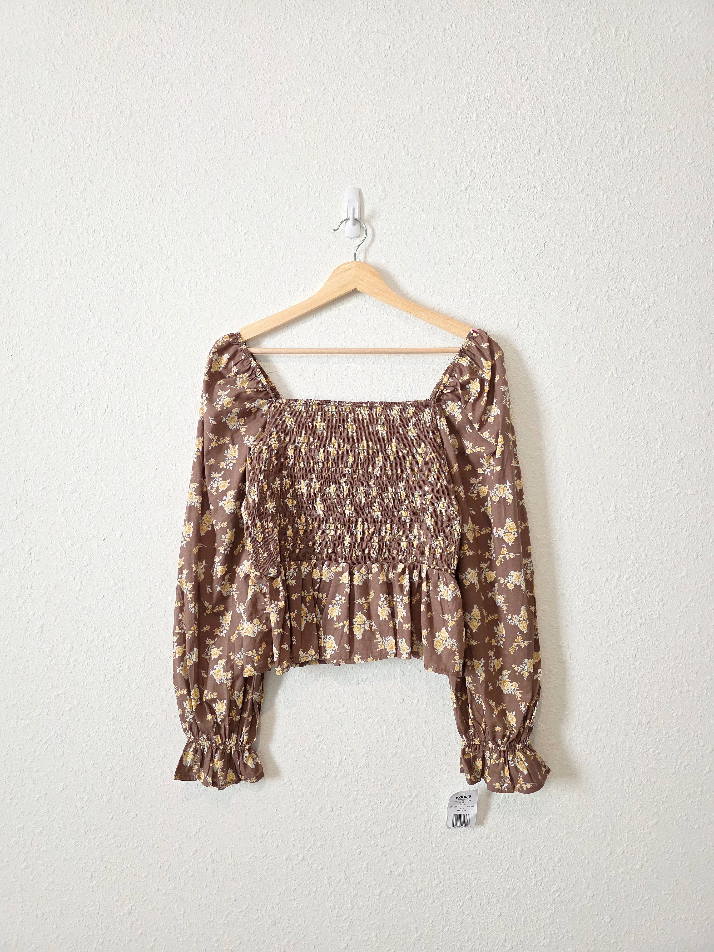NEW Brown Floral Smocked Top (M)