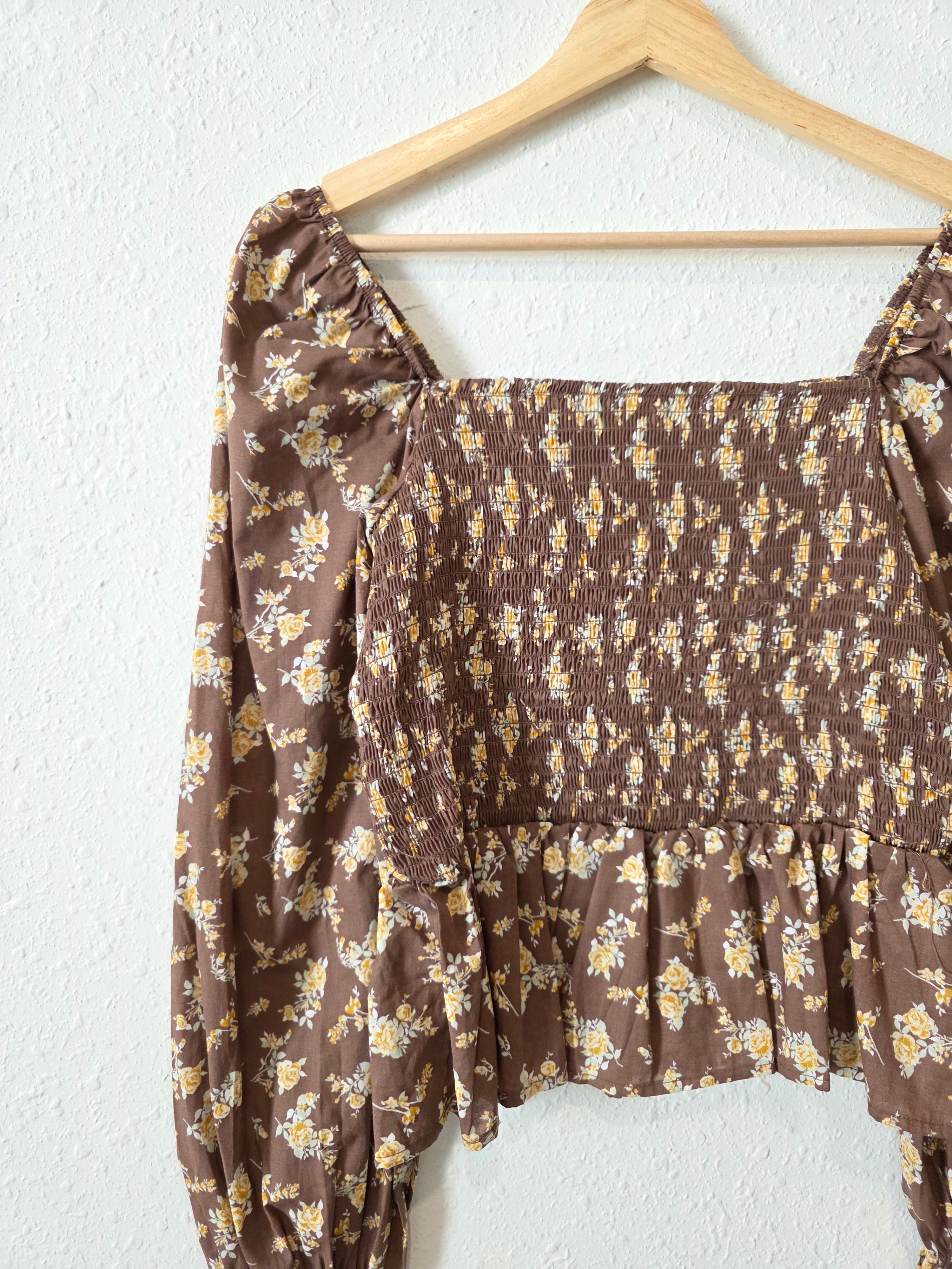 NEW Brown Floral Smocked Top (M)