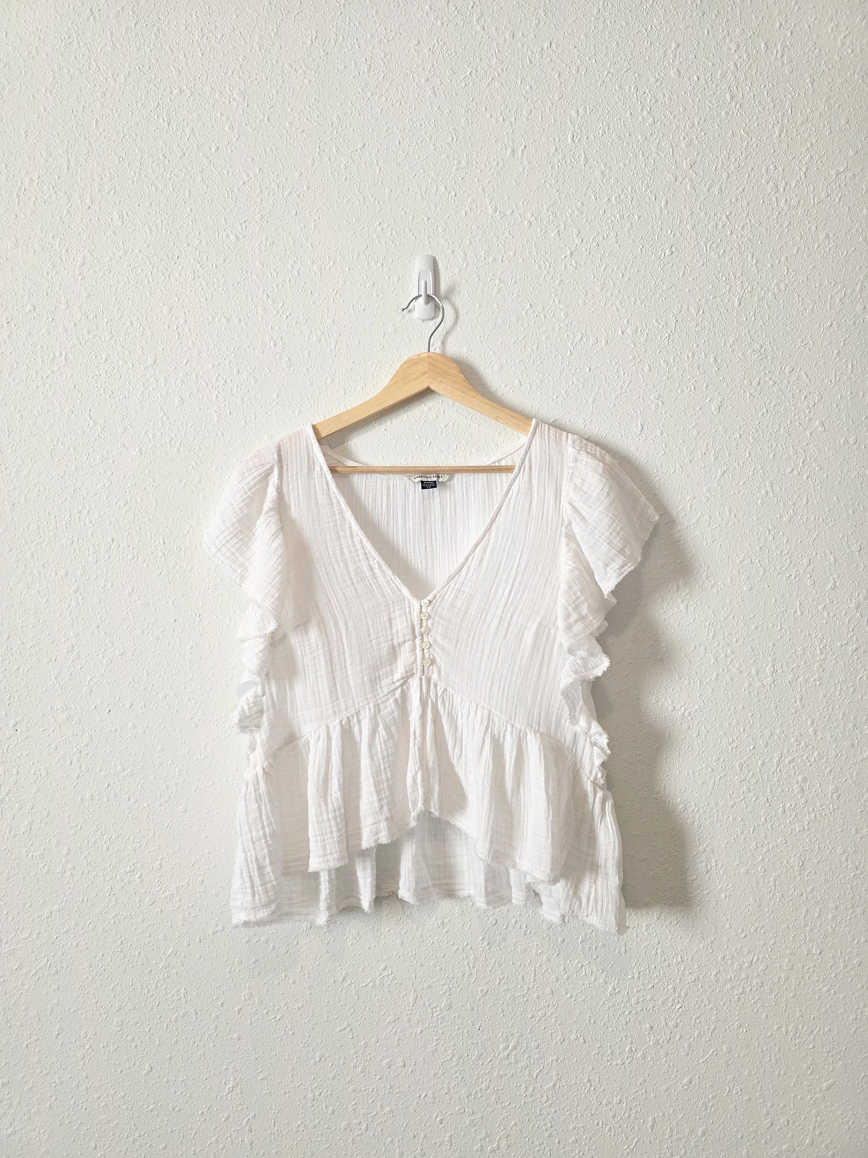 White Cotton Gauze Ruffle Top (M)