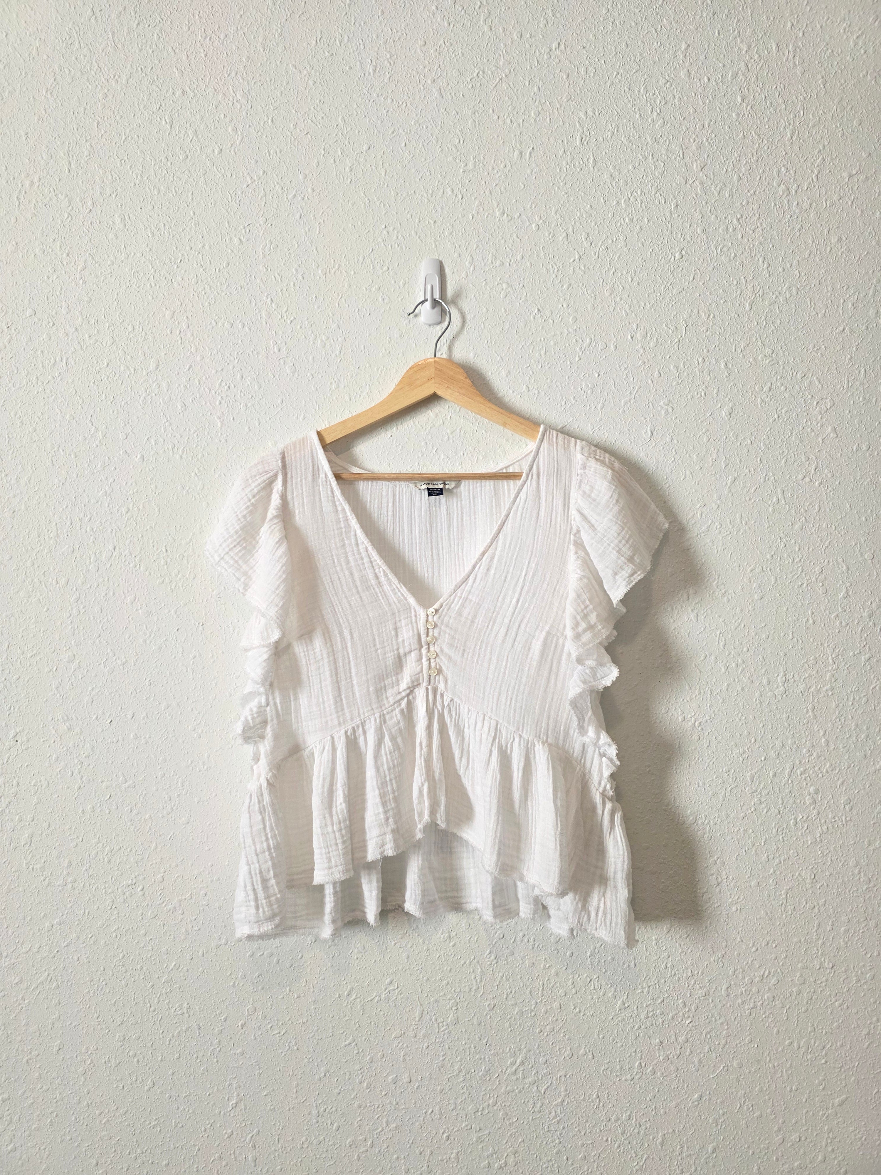 White Cotton Gauze Ruffle Top (M)