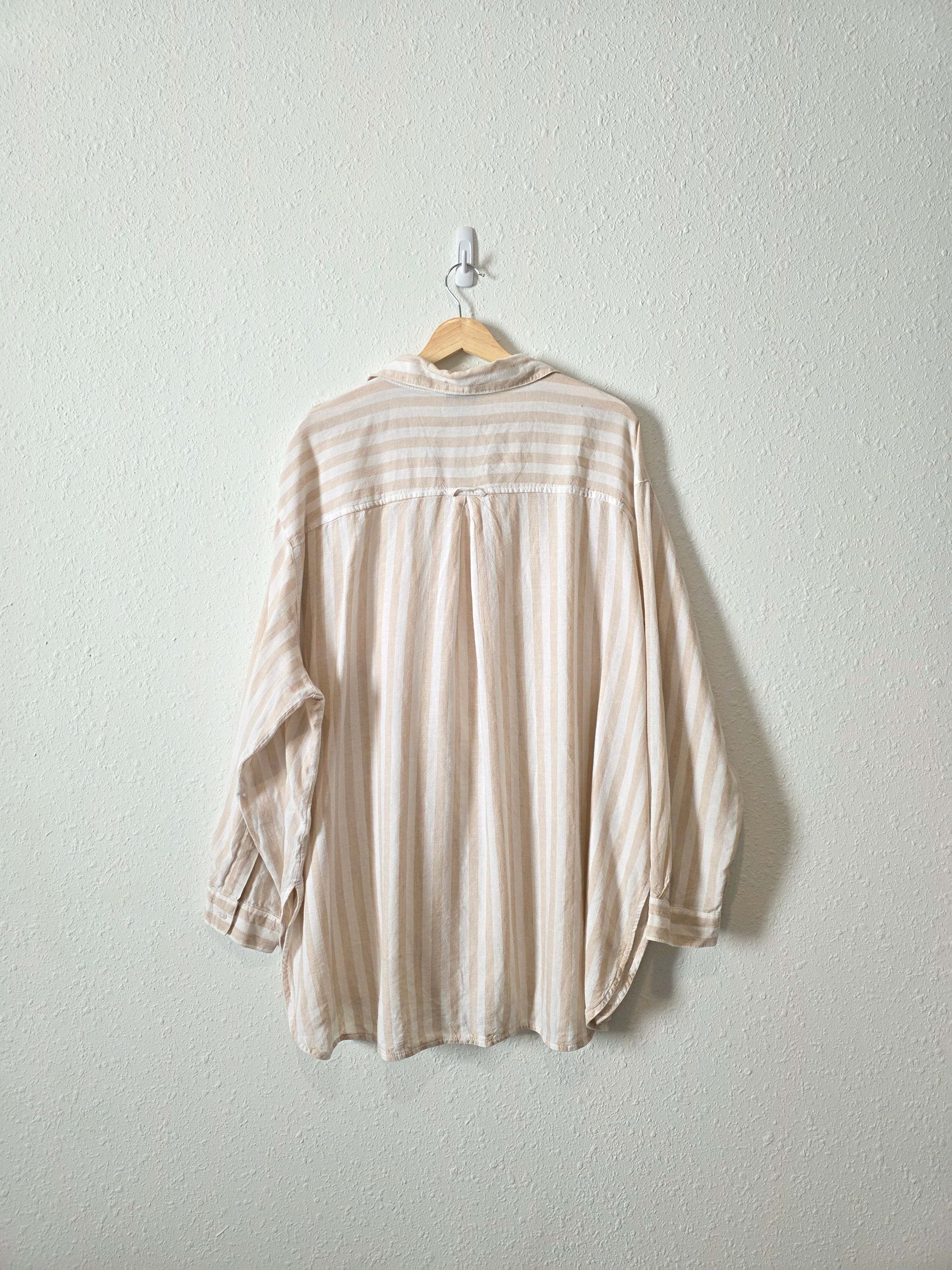 Neutral Striped Linen Blend Button Up (2X)