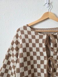 Brown Checkered Tie Front Sweater (XL)