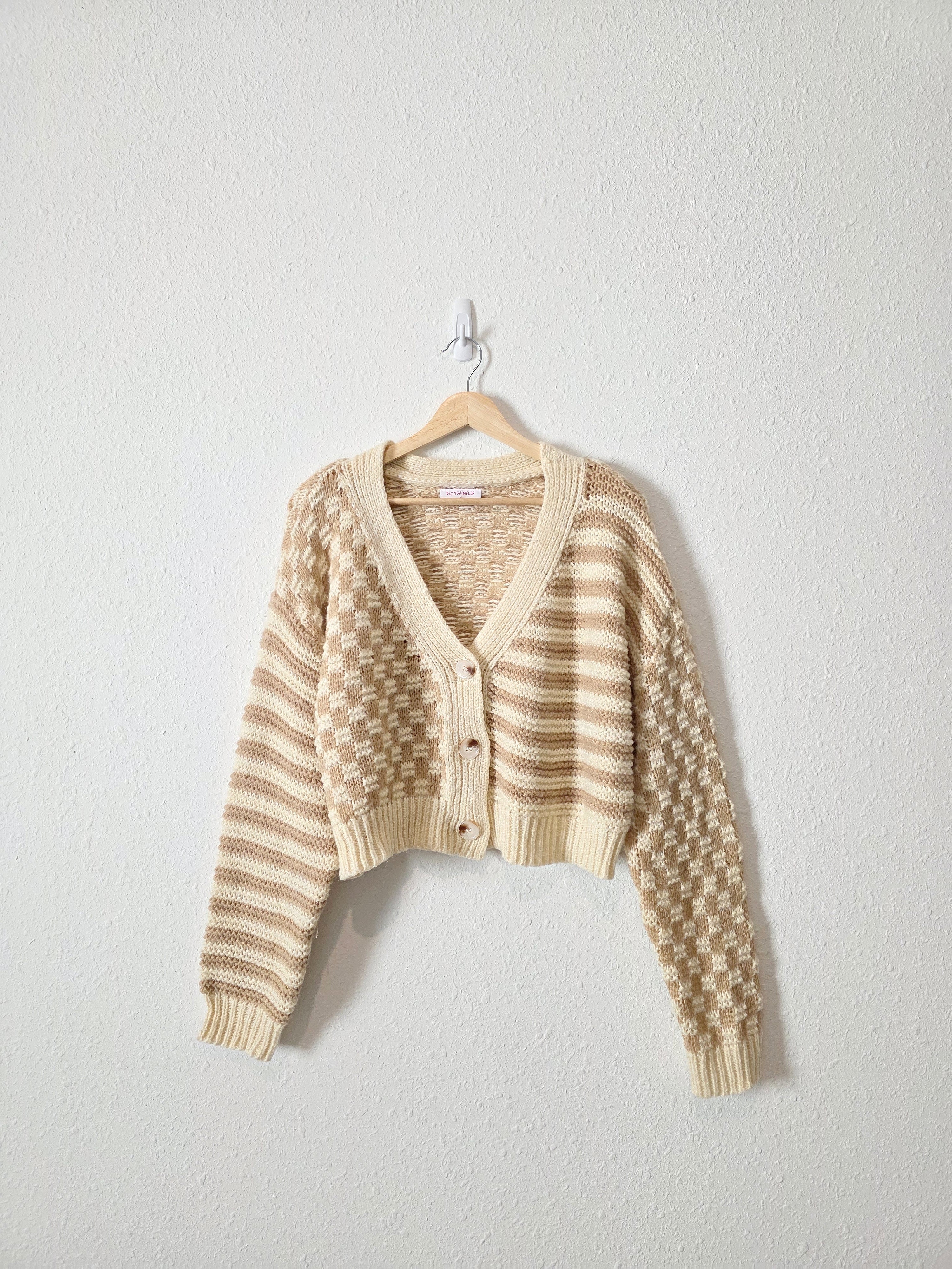 Neutral Checkered Striped Cardigan (M)
