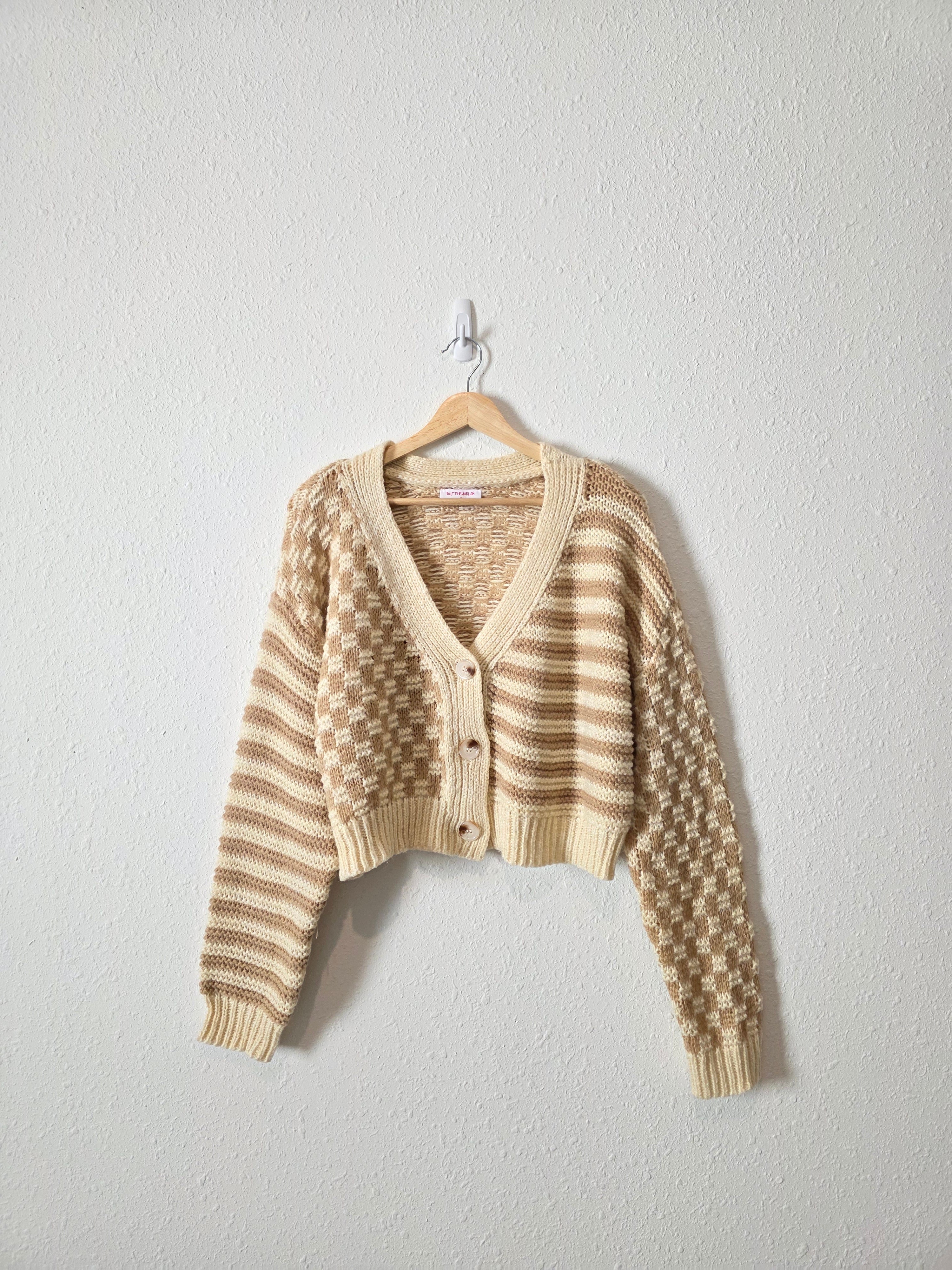 Neutral Checkered Striped Cardigan (M)