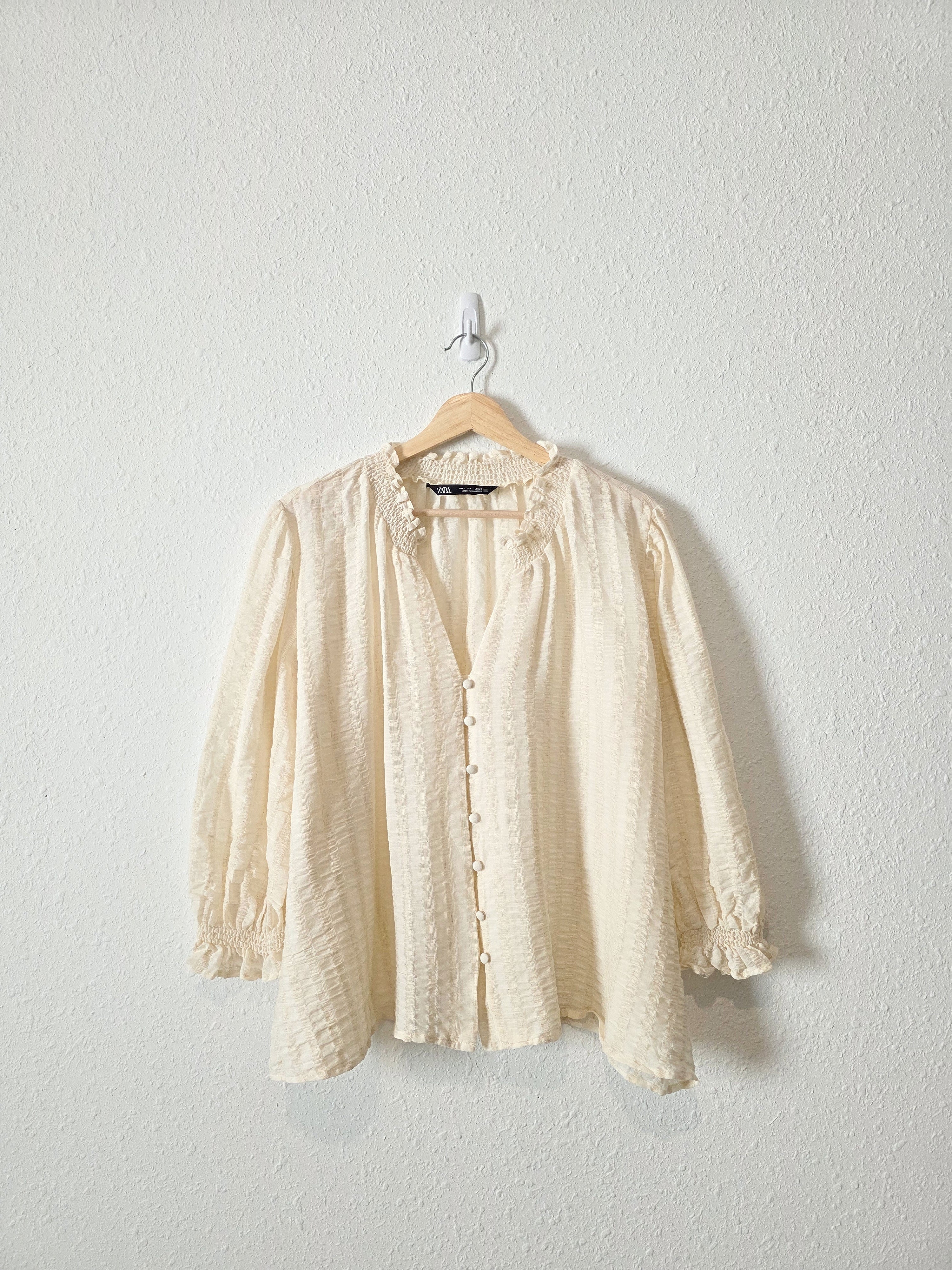 Zara Cotton Linen Puff Sleeve Blouse (M)