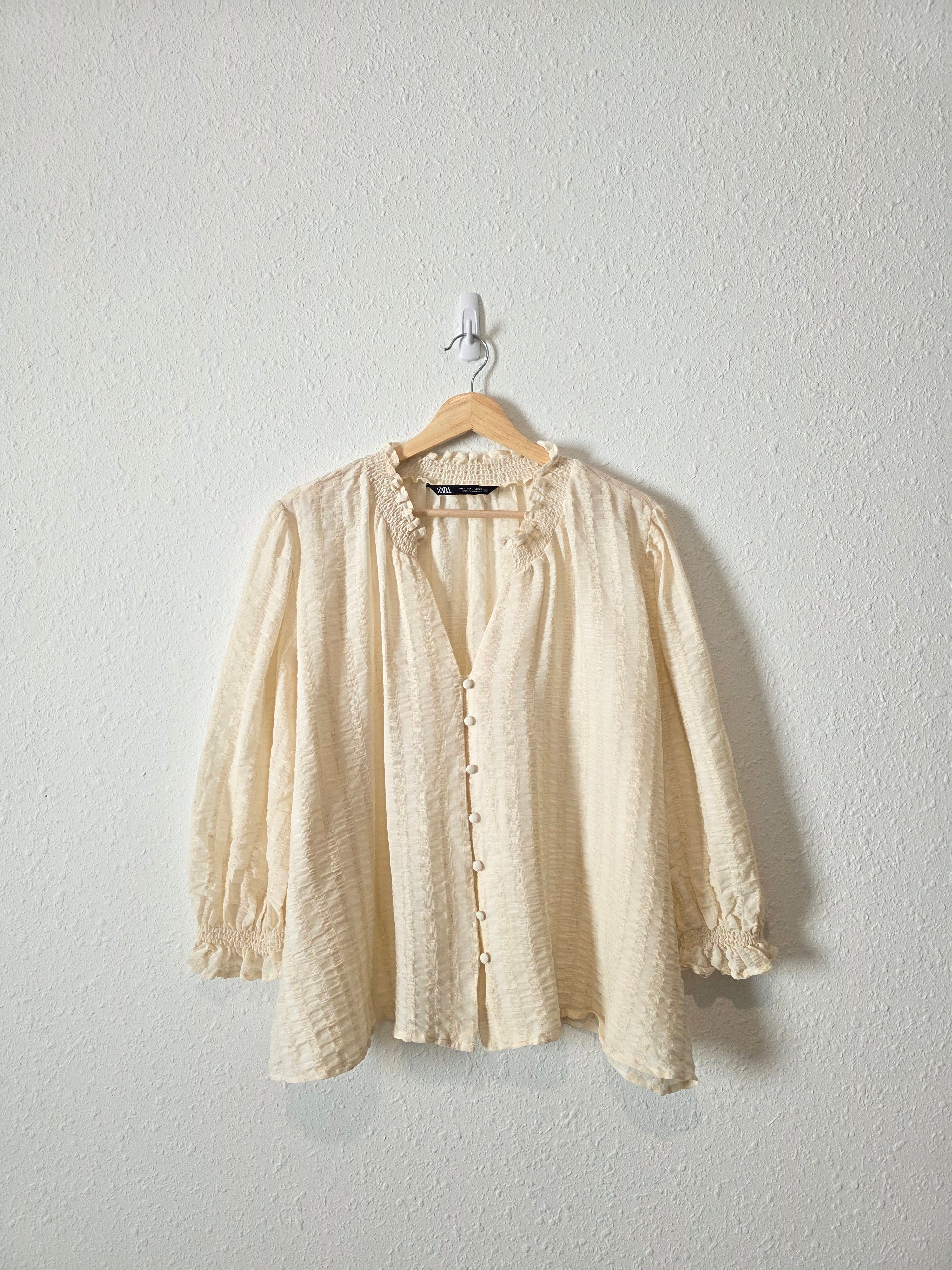 Zara Cotton Linen Puff Sleeve Blouse (M)