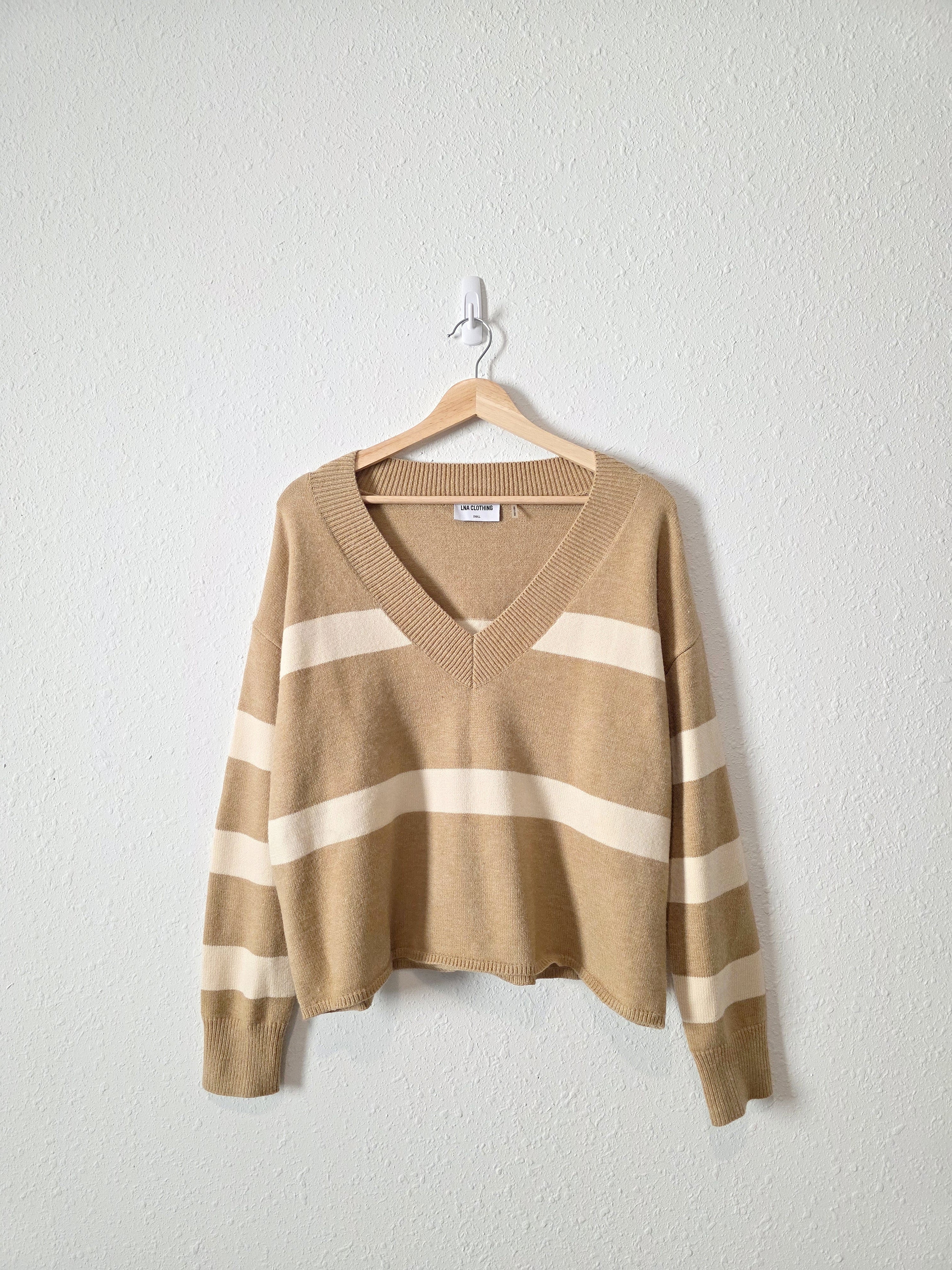 Neutral Striped V Neck Sweater (S)