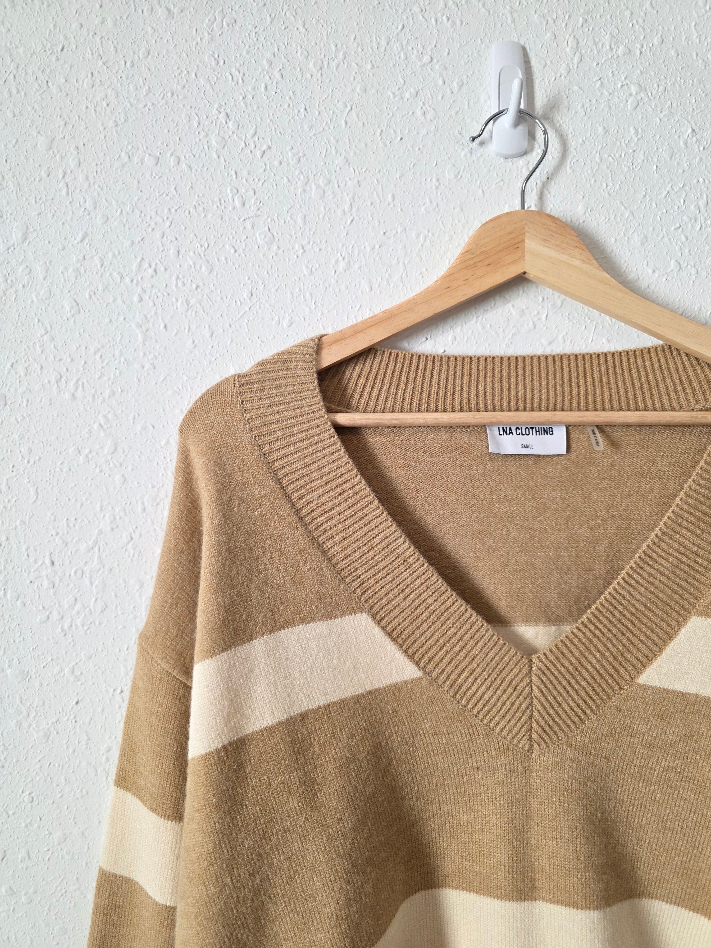 Neutral Striped V Neck Sweater (S)