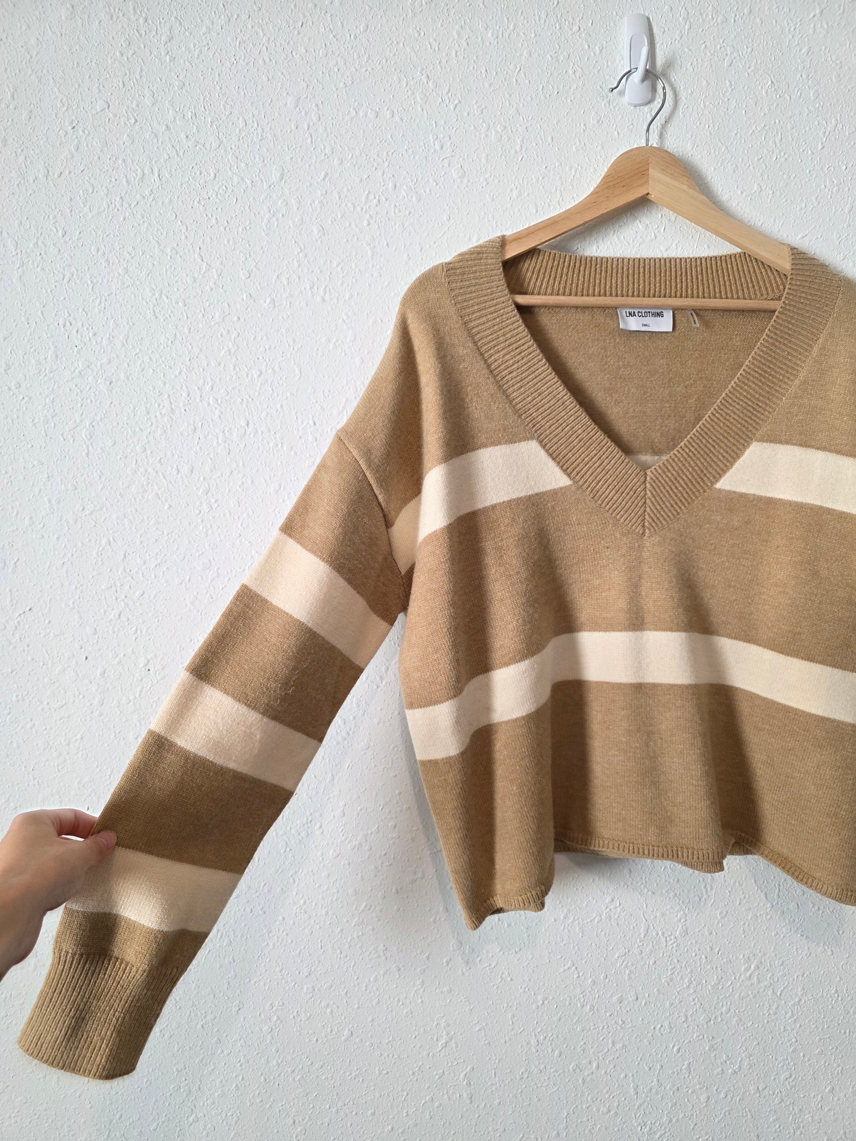 Neutral Striped V Neck Sweater (S)