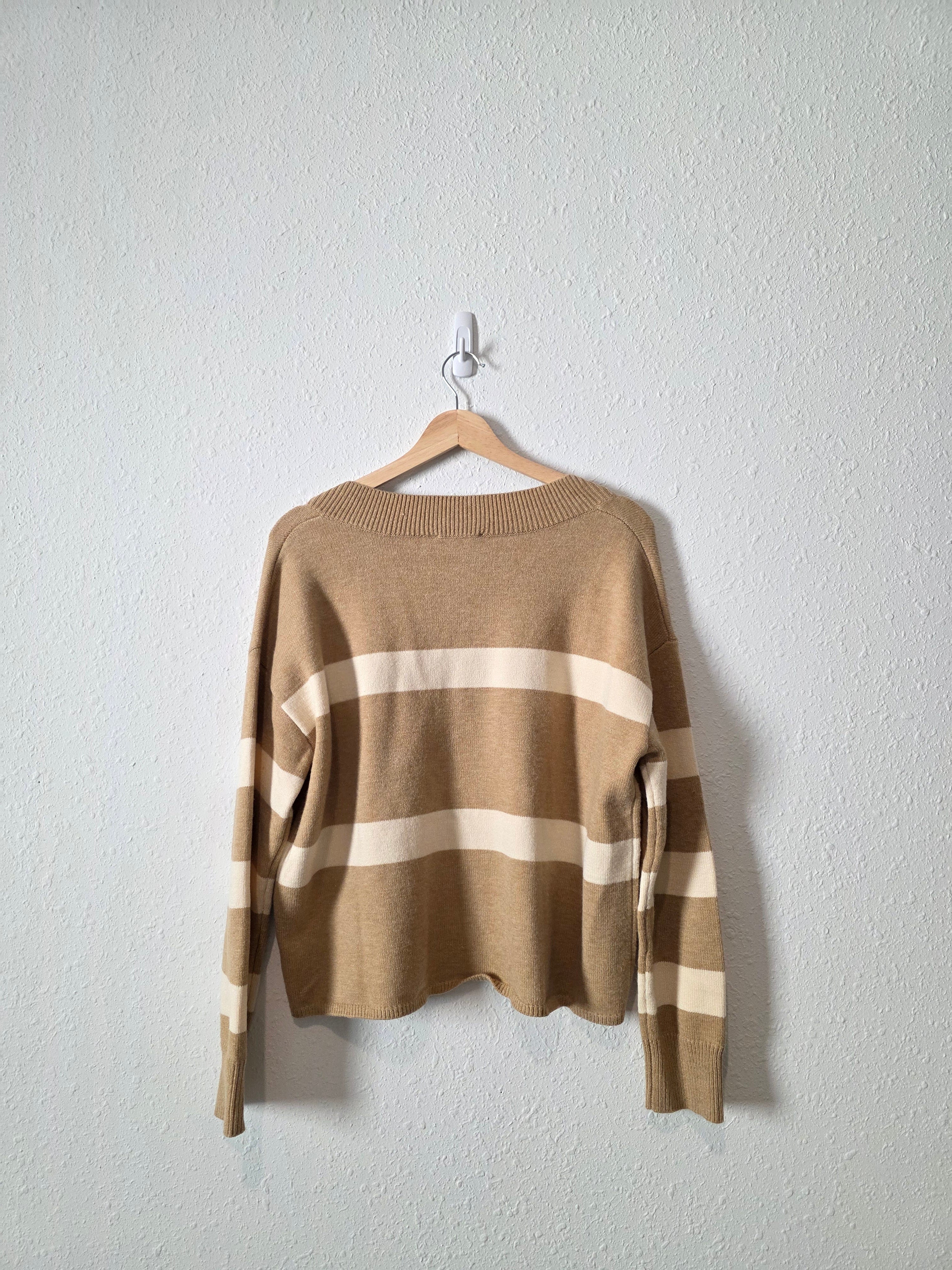 Neutral Striped V Neck Sweater (S)
