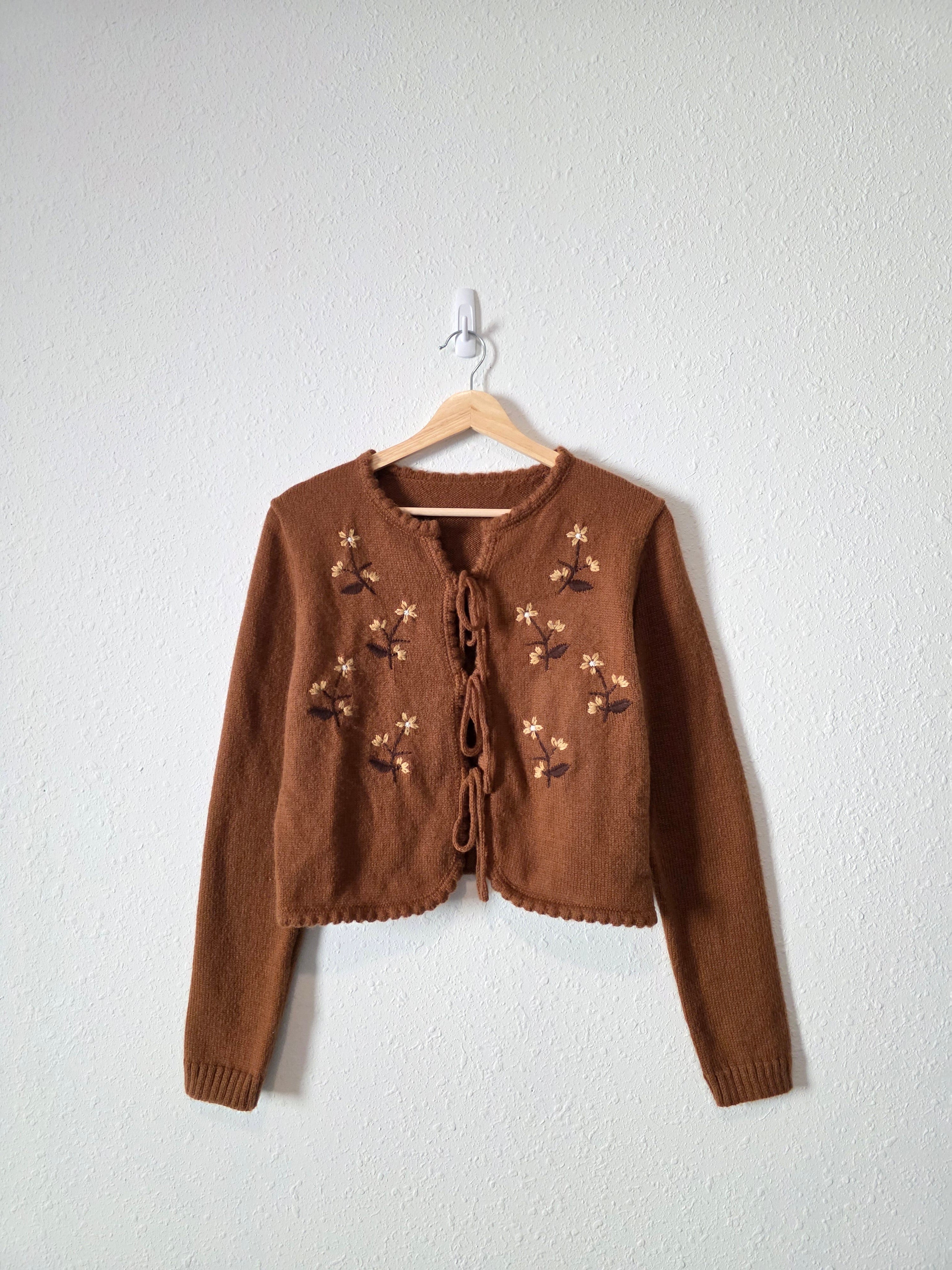 Floral Embroidered Tie Front Sweater (S/M)