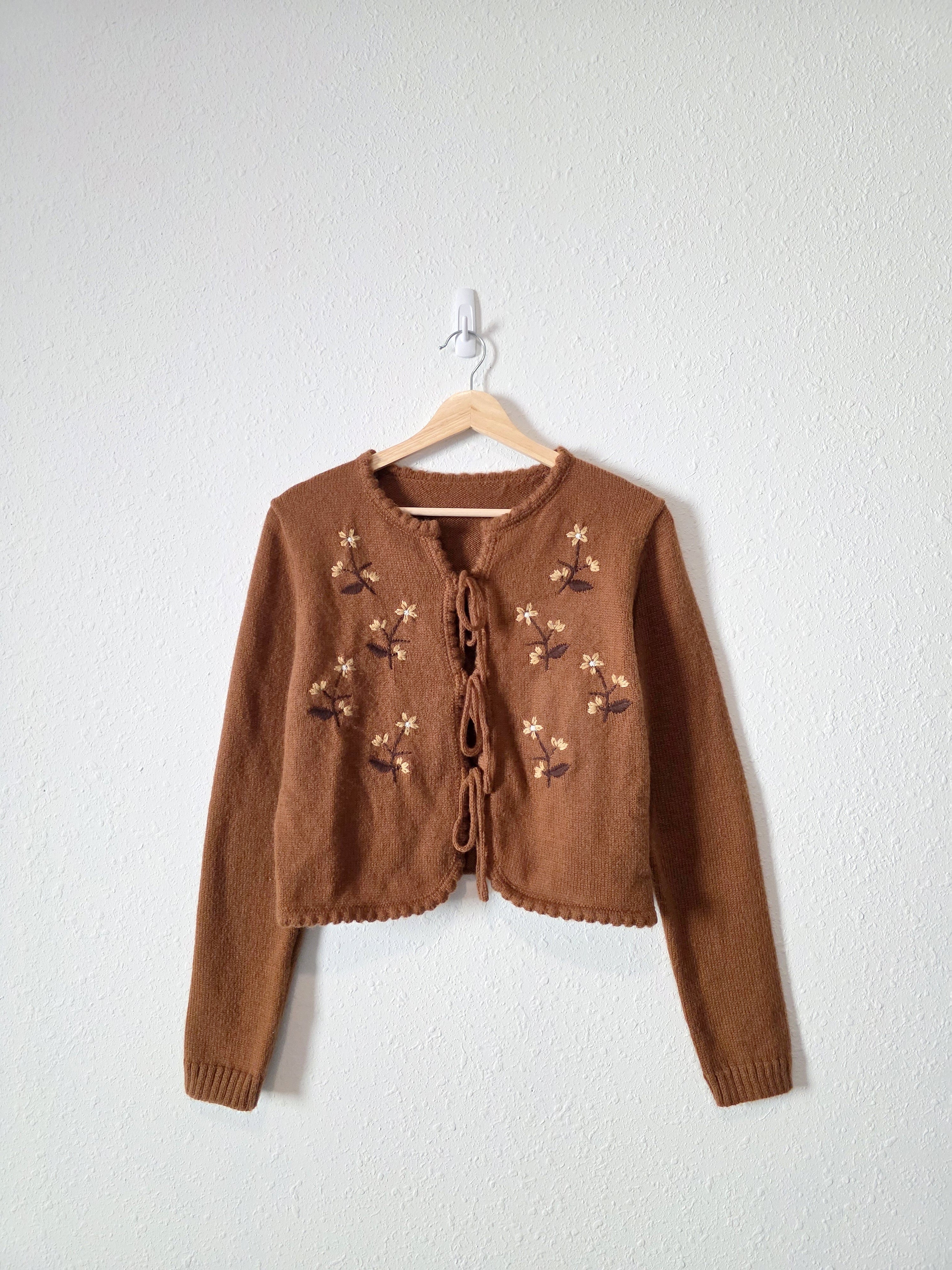 Floral Embroidered Tie Front Sweater (S/M)