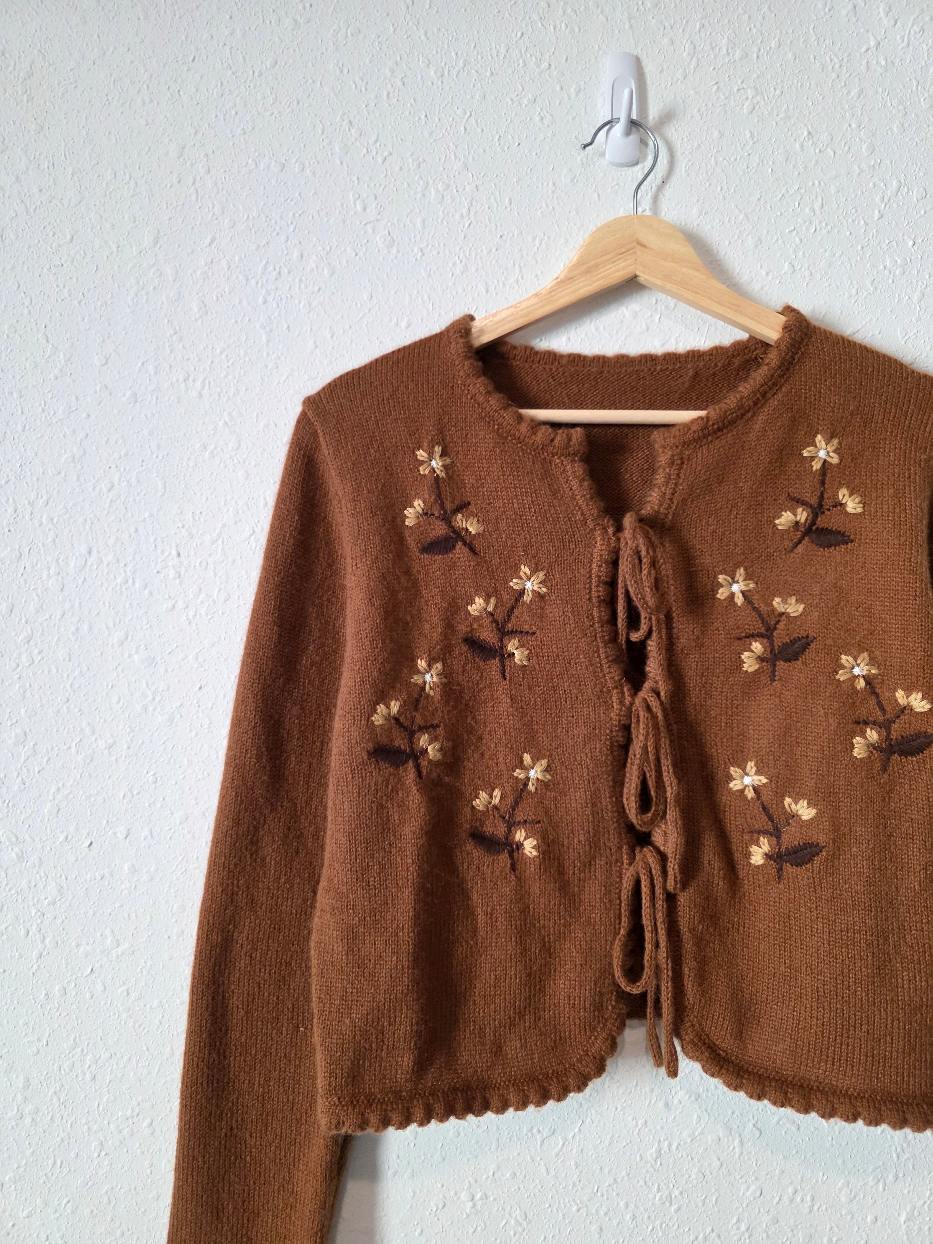 Floral Embroidered Tie Front Sweater (S/M)