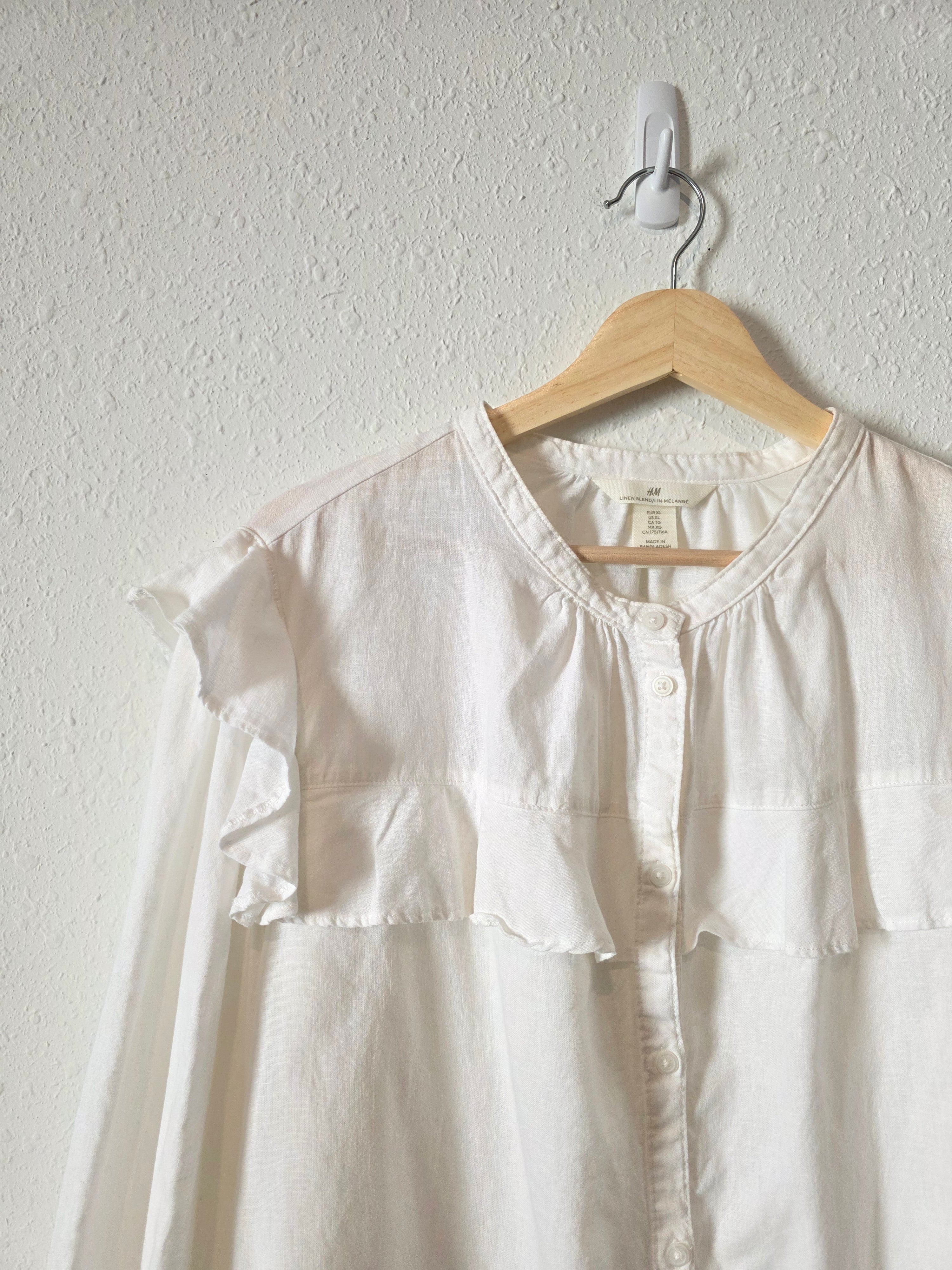 White Linen Cotton Puff Sleeve Blouse (XL)