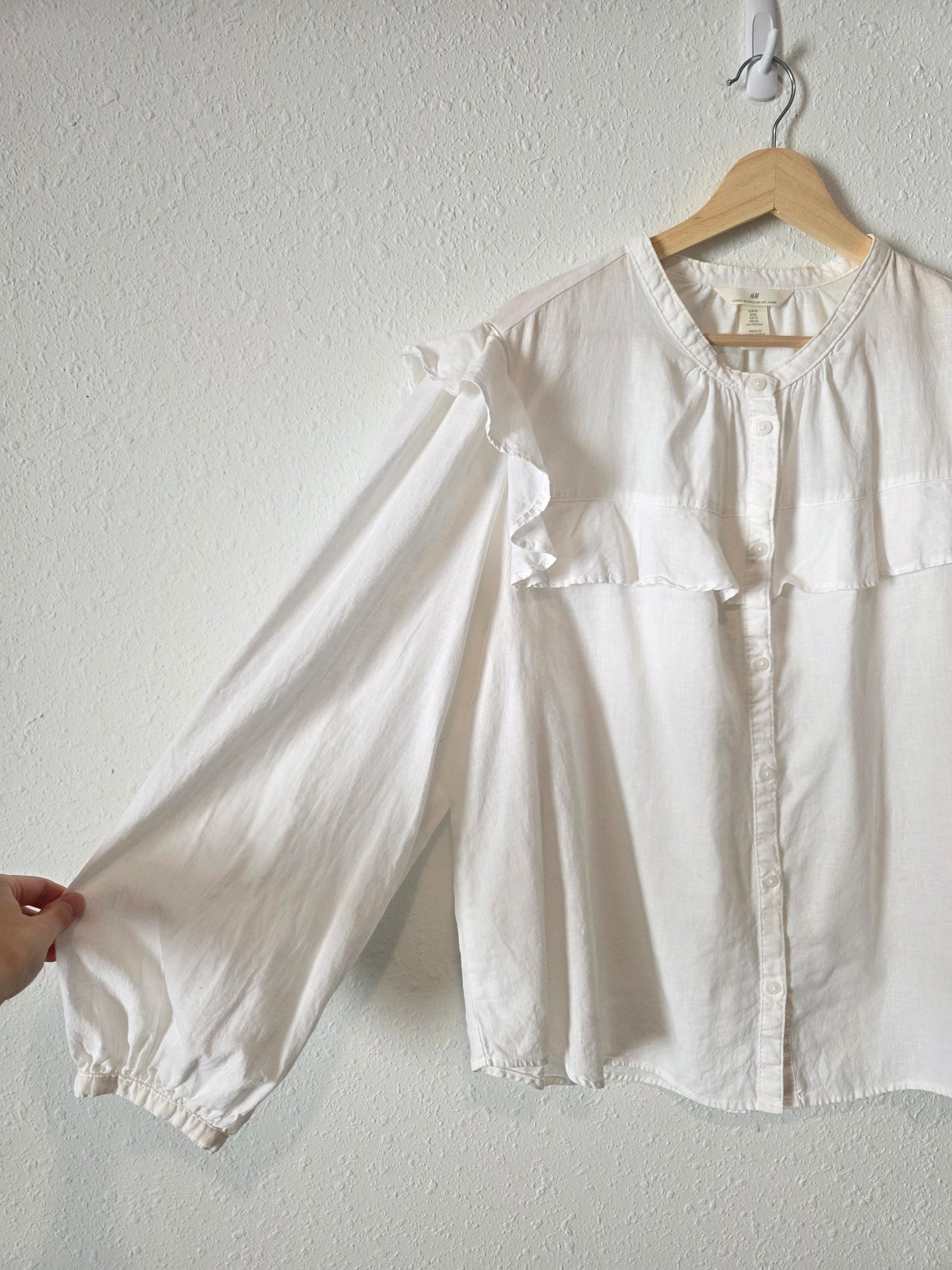 White Linen Cotton Puff Sleeve Blouse (XL)