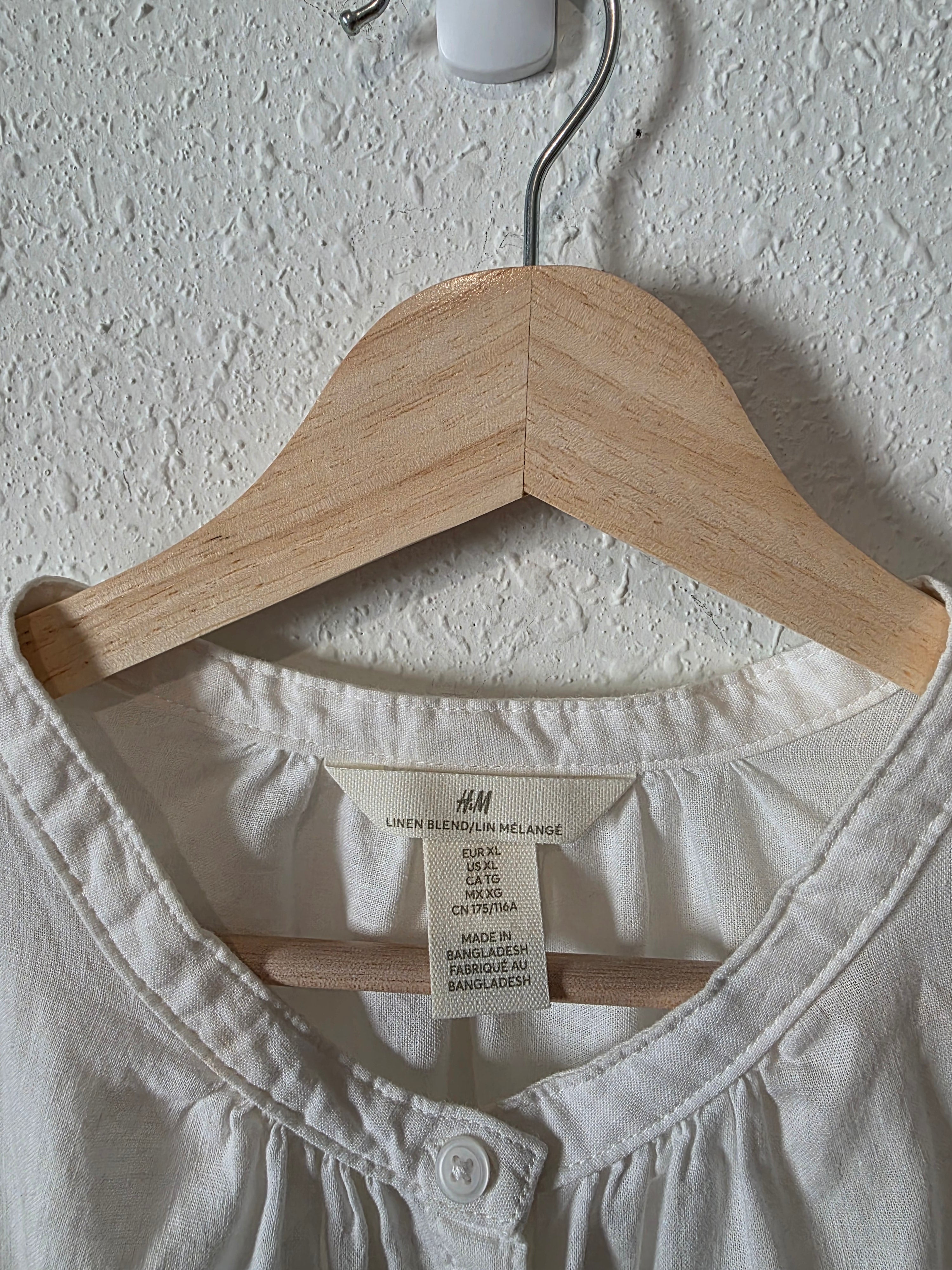White Linen Cotton Puff Sleeve Blouse (XL)