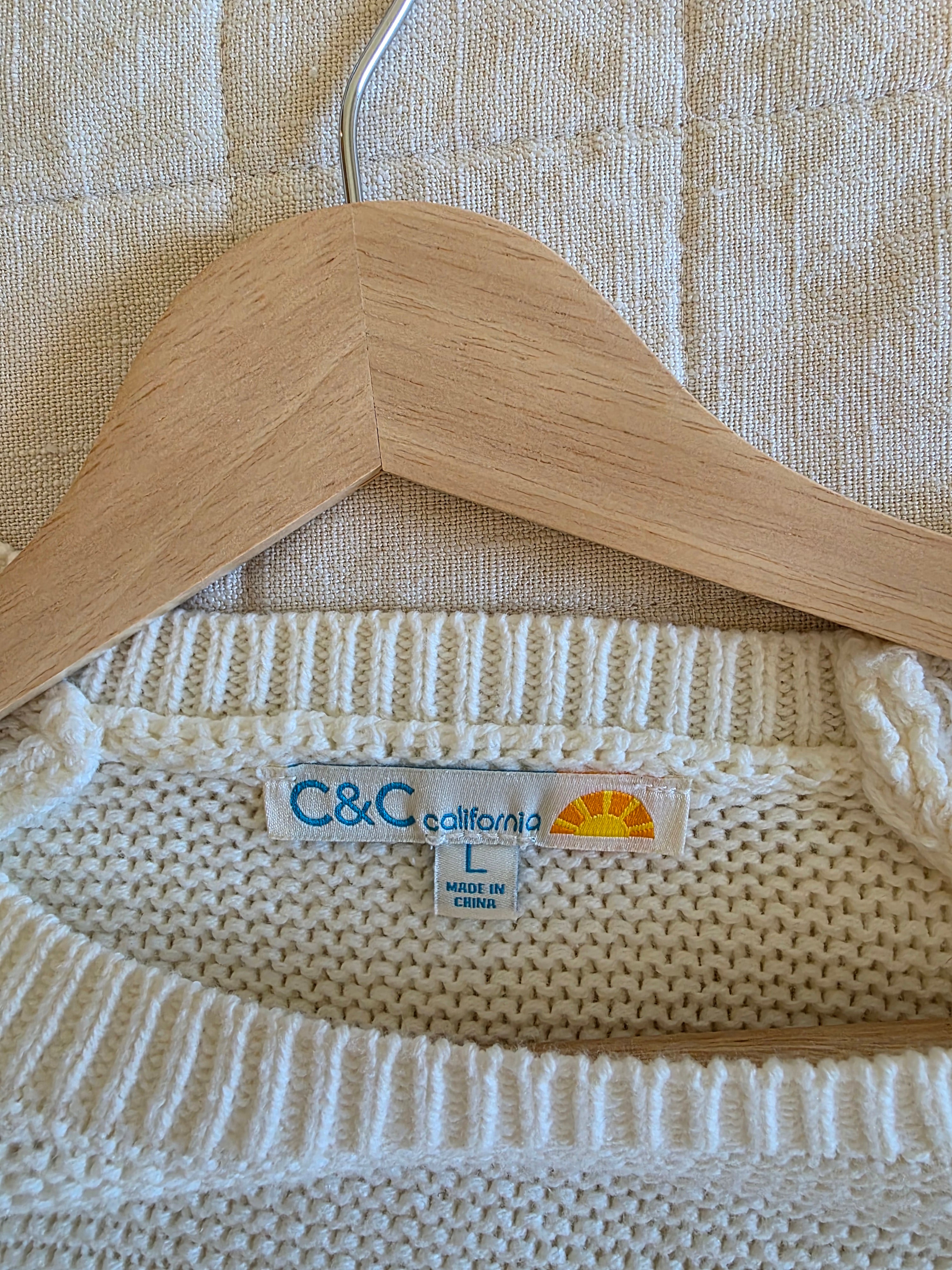 Cream Ribbed Knit Sweater (L)