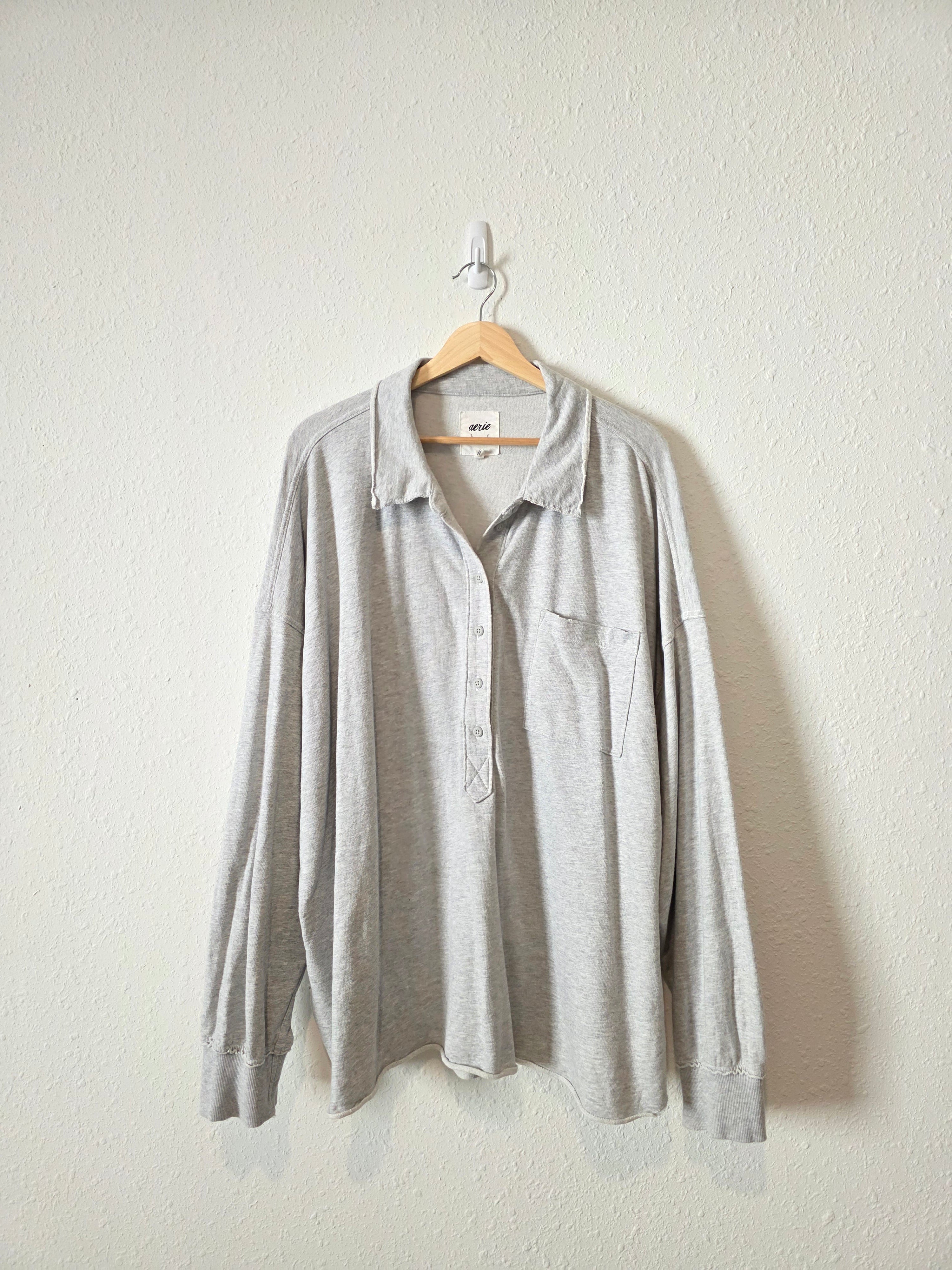 Aerie Gray Oversized Henley Sweatshirt (XL)