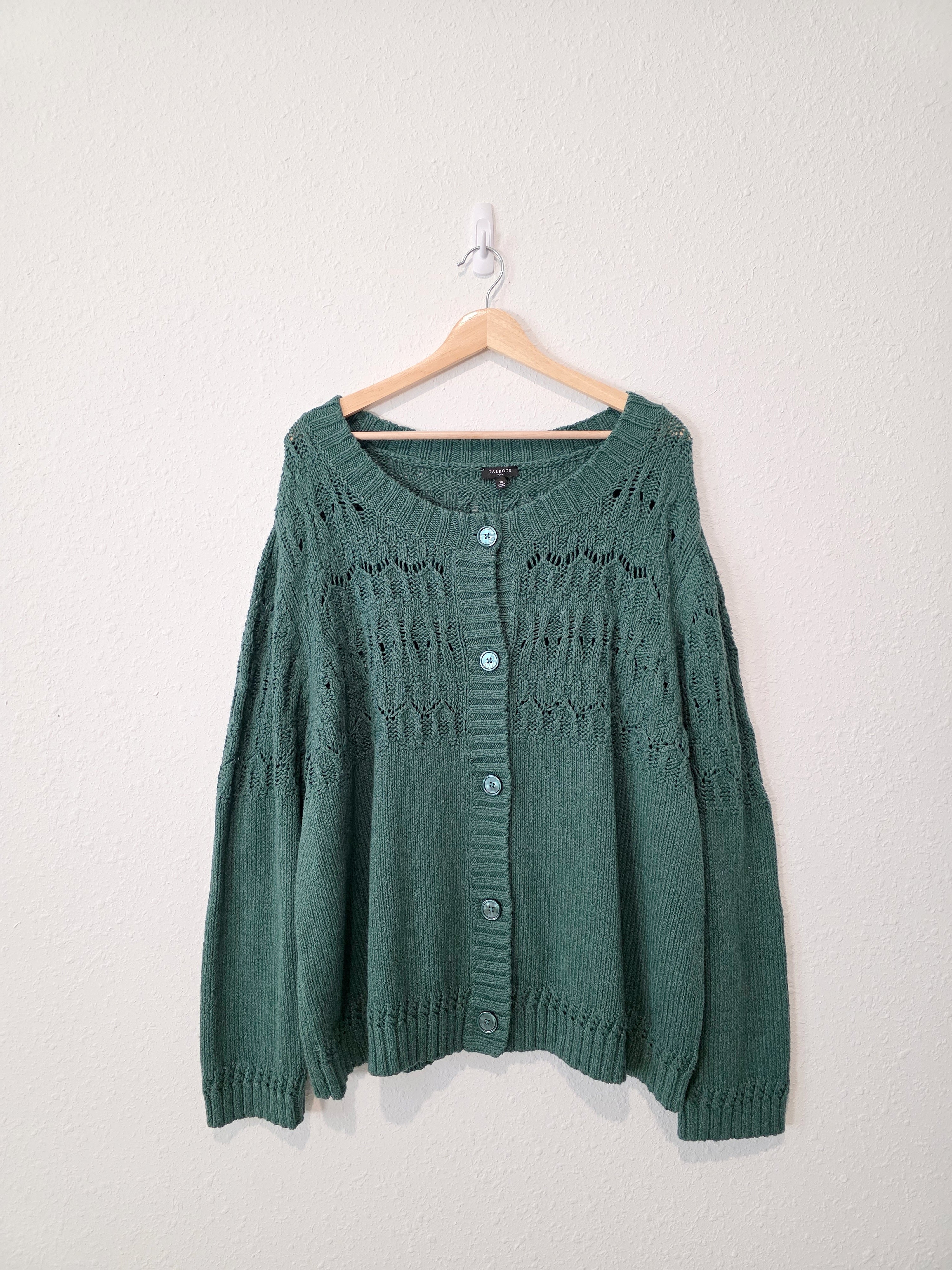 Green Pointelle Cotton Cardigan Sweater (3X)