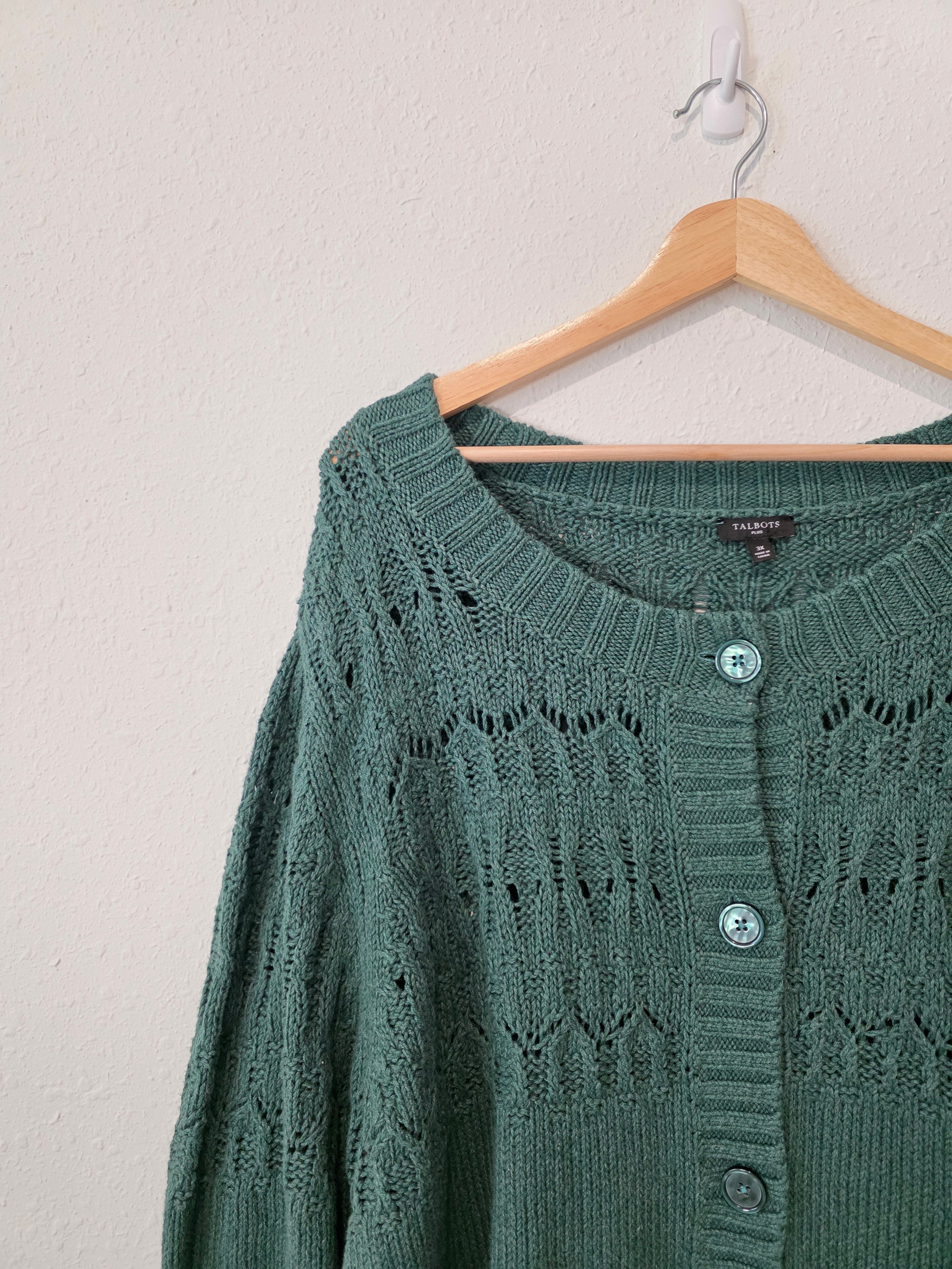 Green Pointelle Cotton Cardigan Sweater (3X)