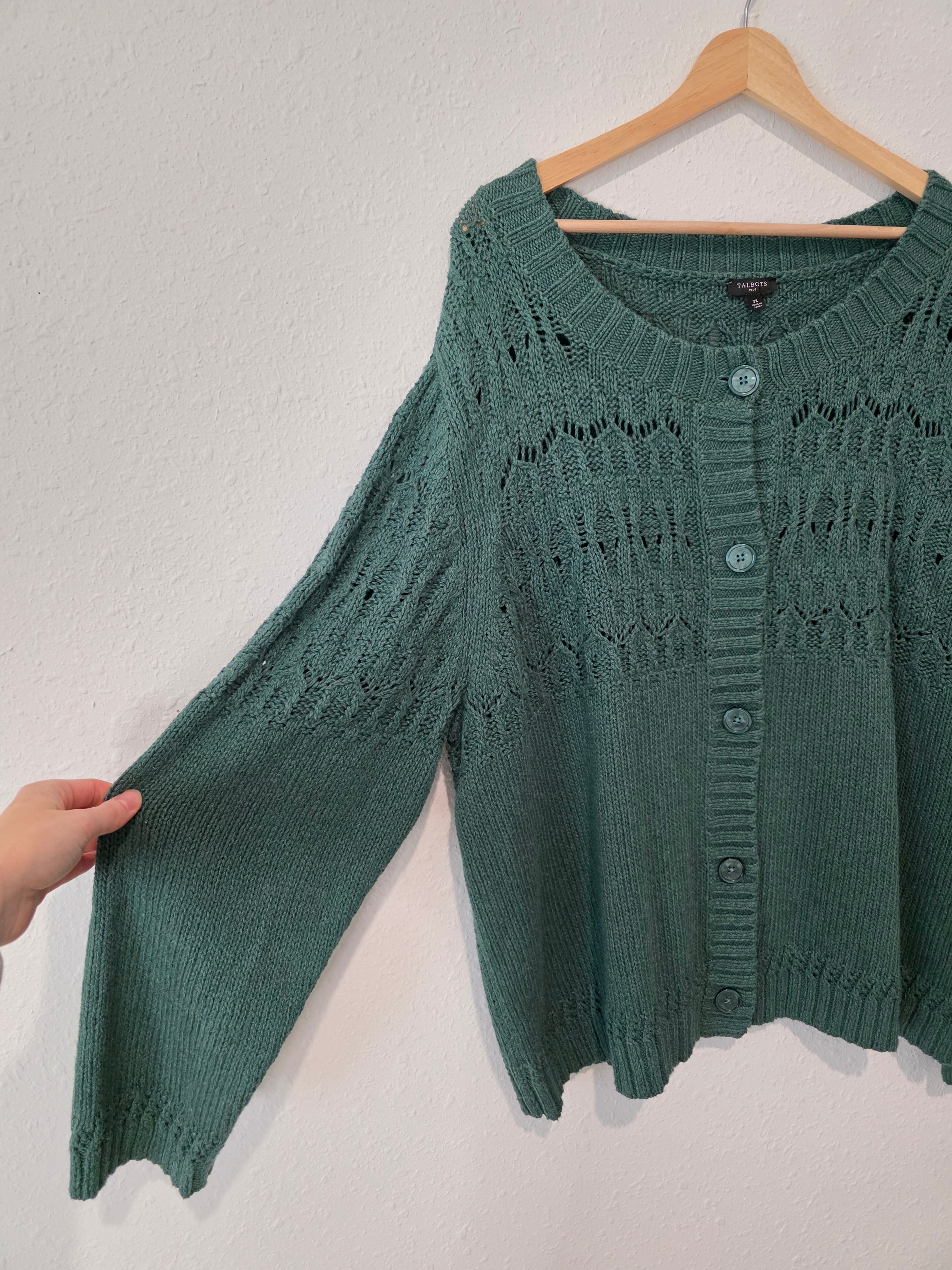 Green Pointelle Cotton Cardigan Sweater (3X)