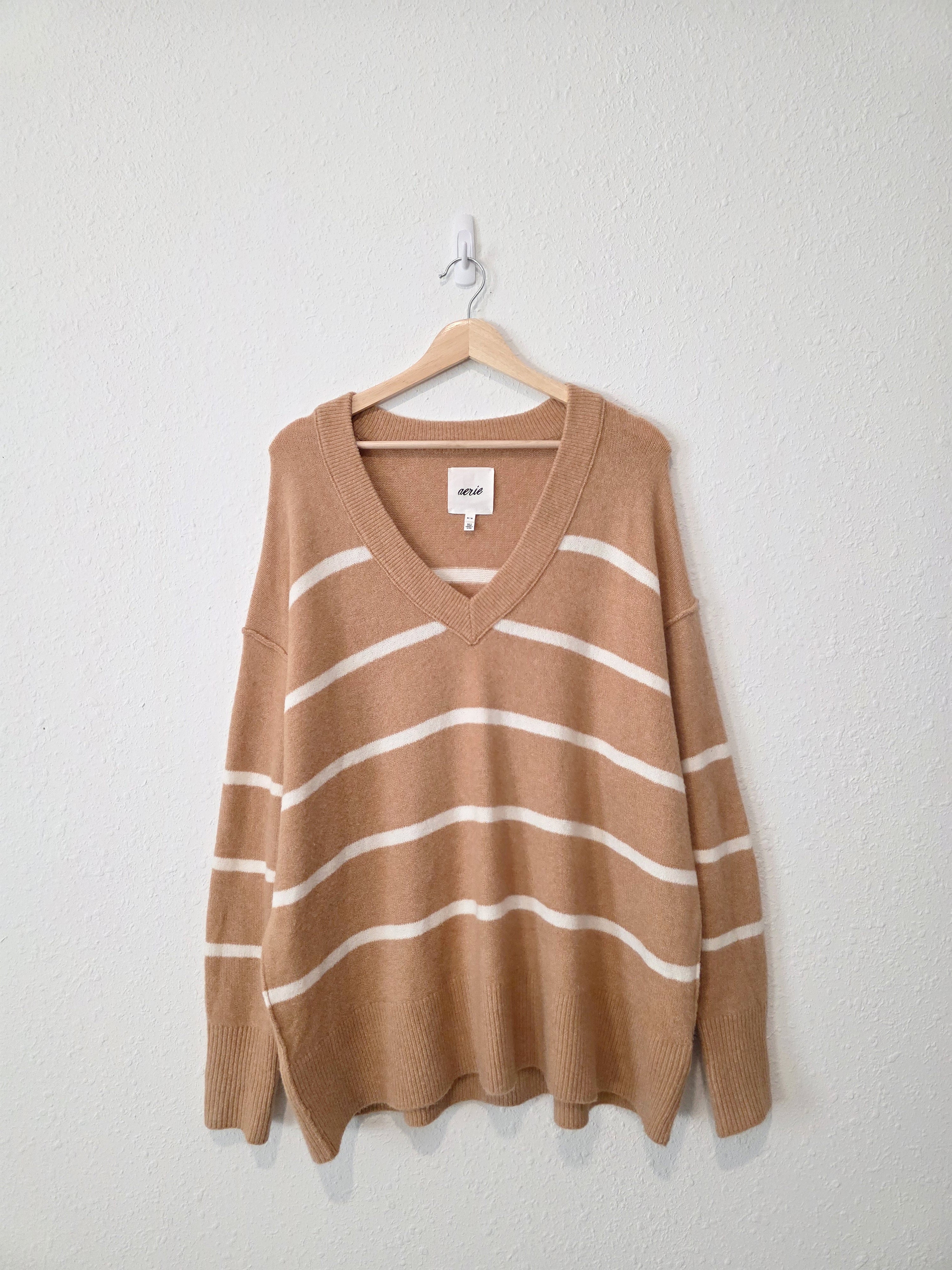 Aerie Cozy Striped V Neck Sweater (M)