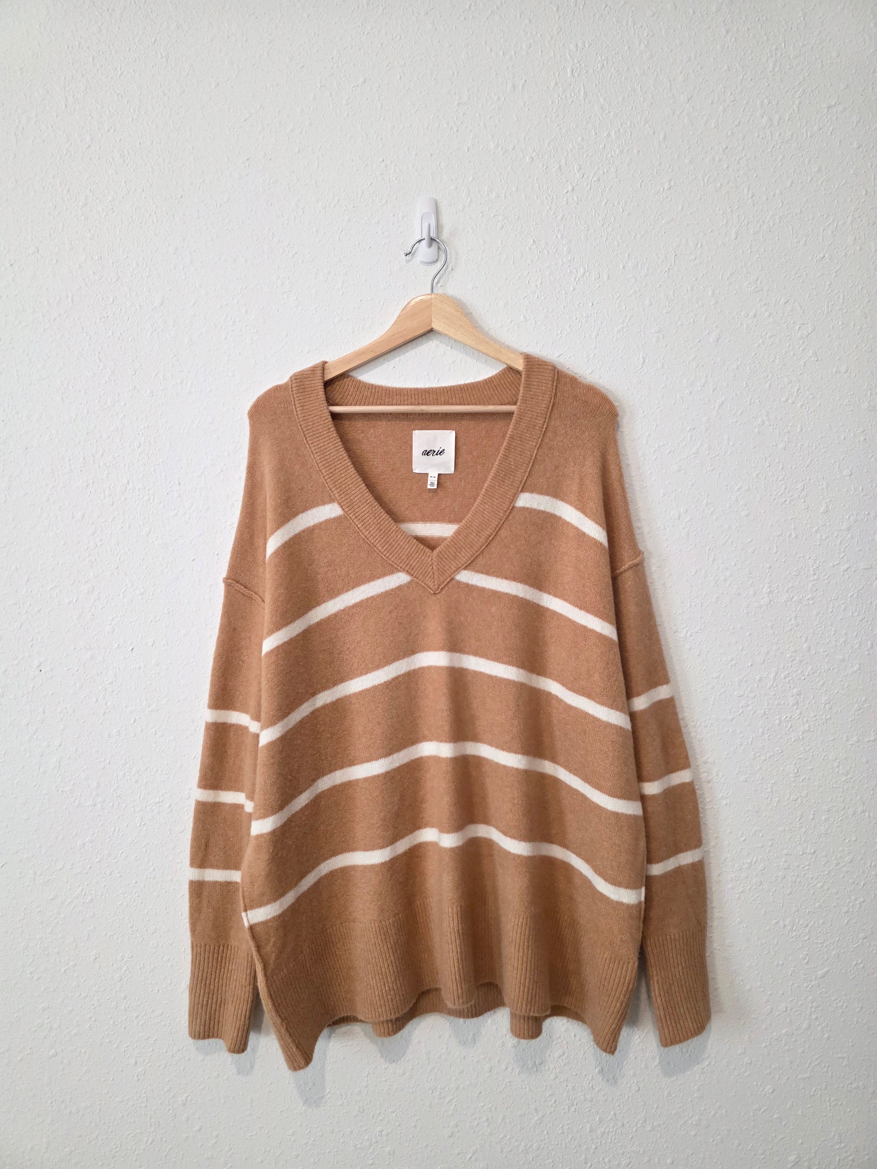 Aerie Cozy Striped V Neck Sweater (M)