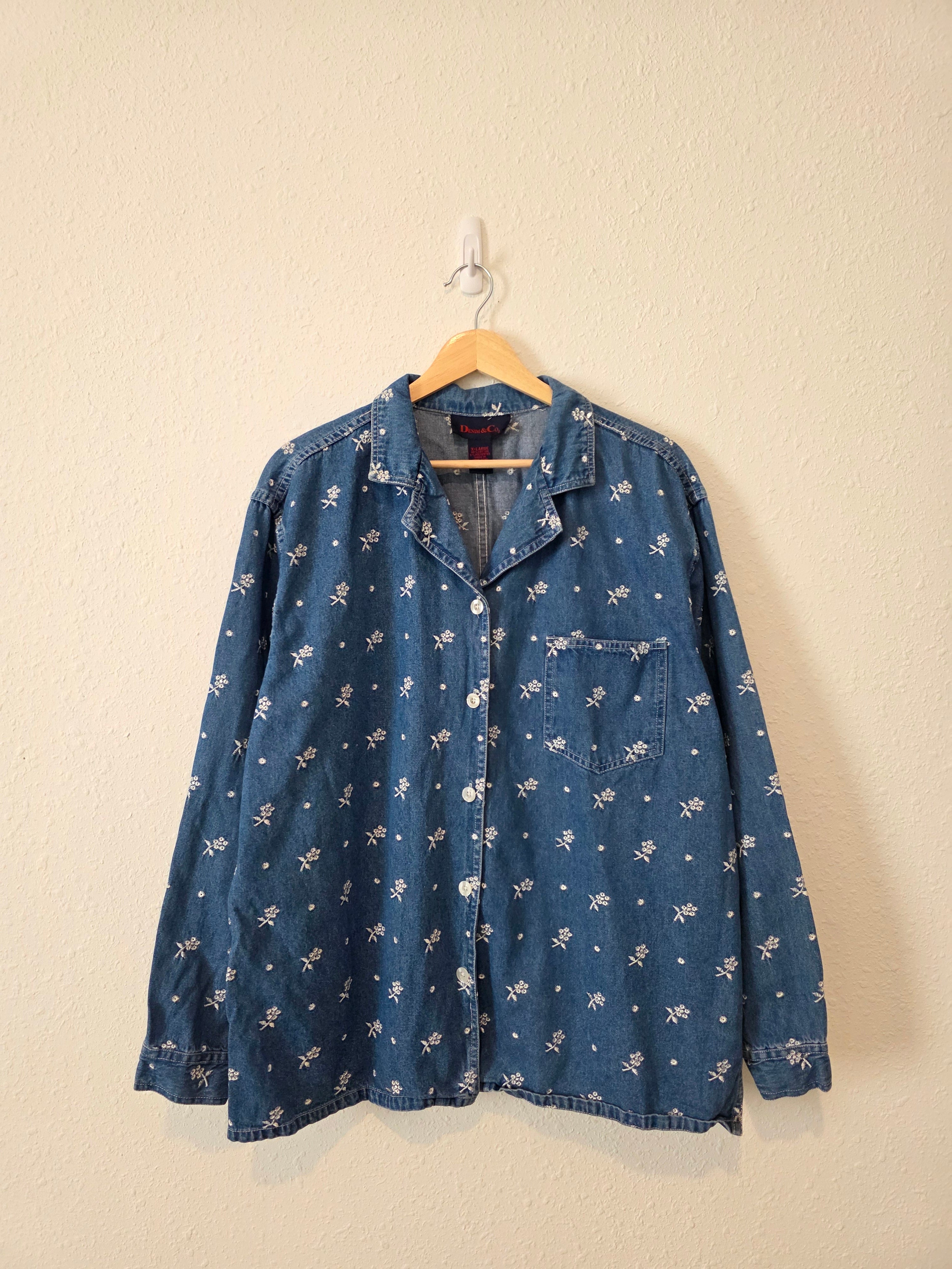 Vintage Floral Embroidered Denim Button Up (XL)