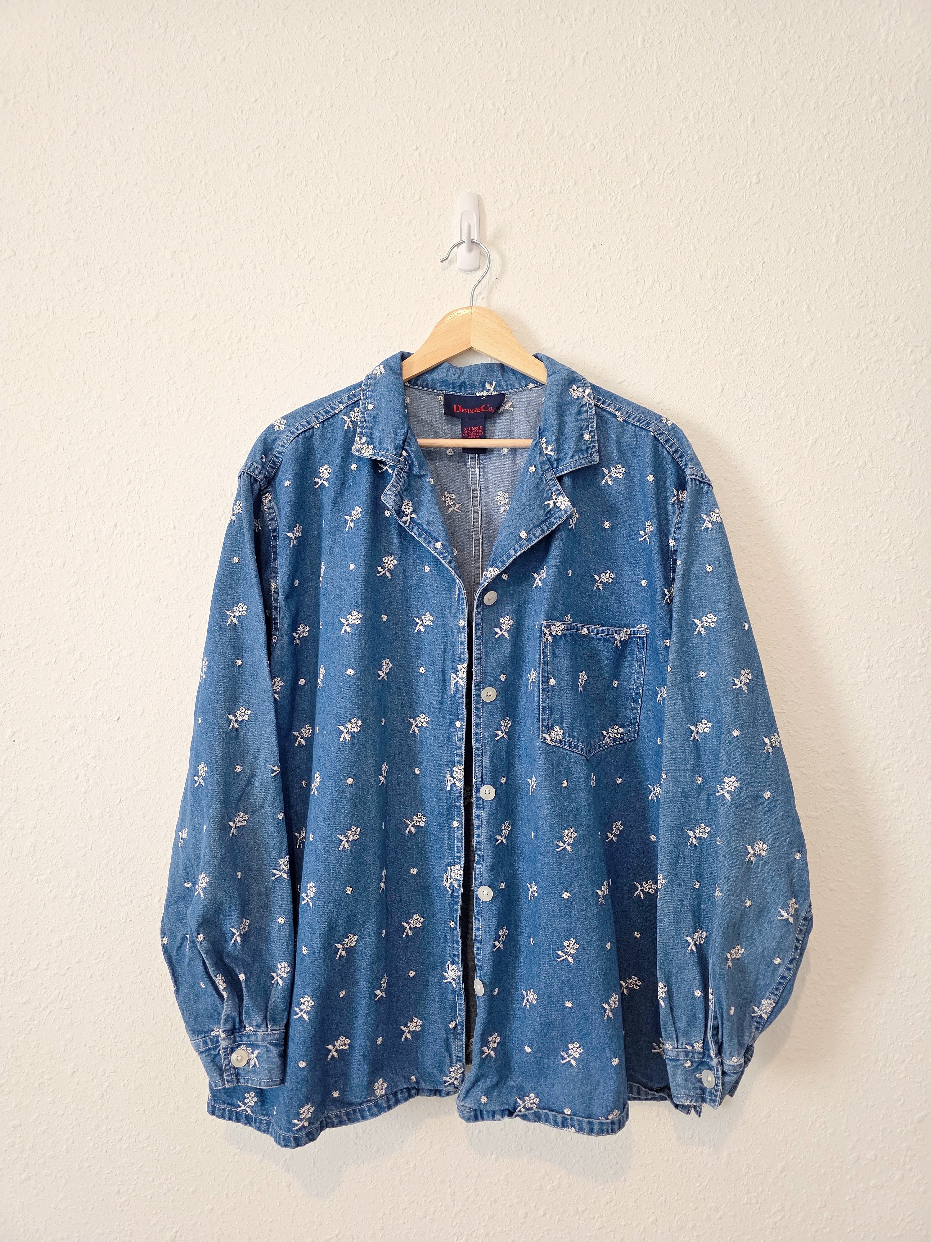 Vintage Floral Embroidered Denim Button Up (XL)
