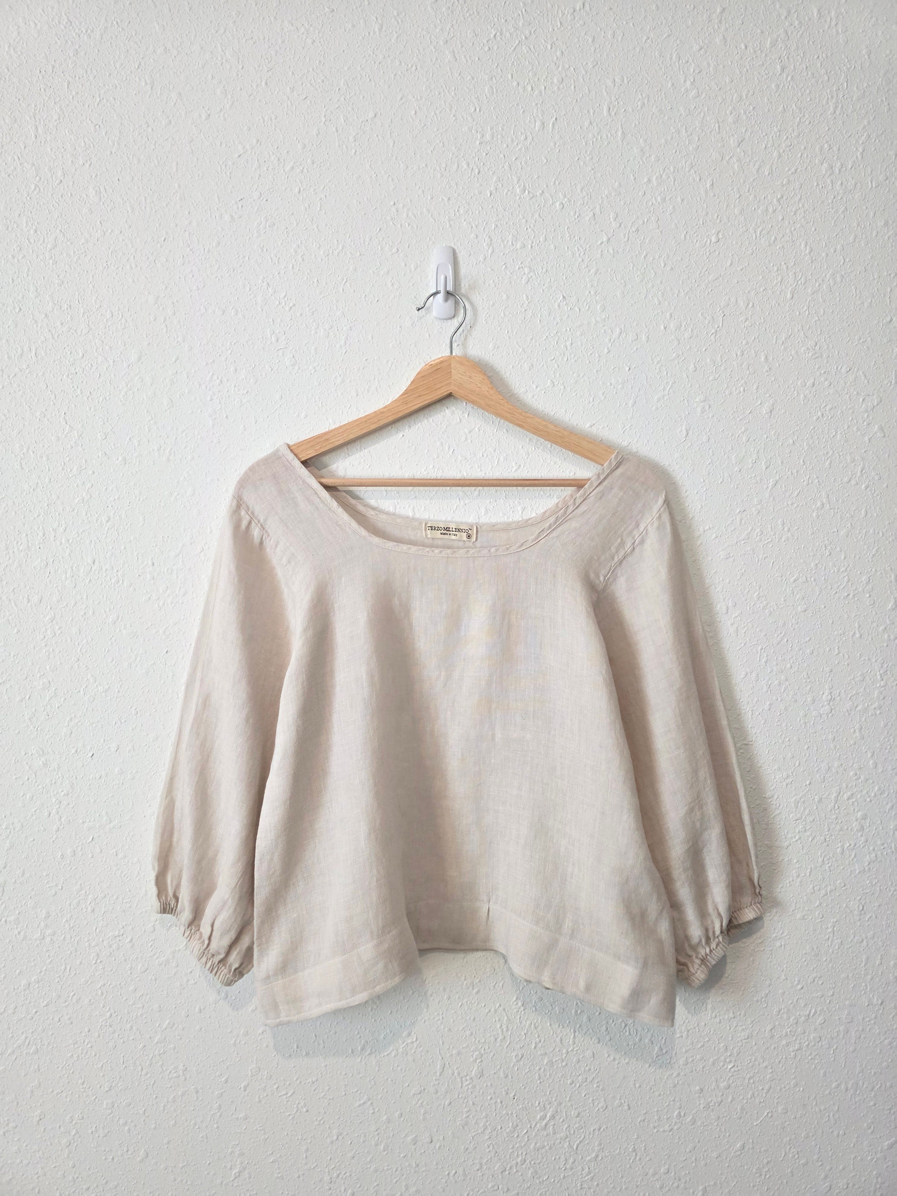 Square Neck Puff Sleeve Linen Top (M)