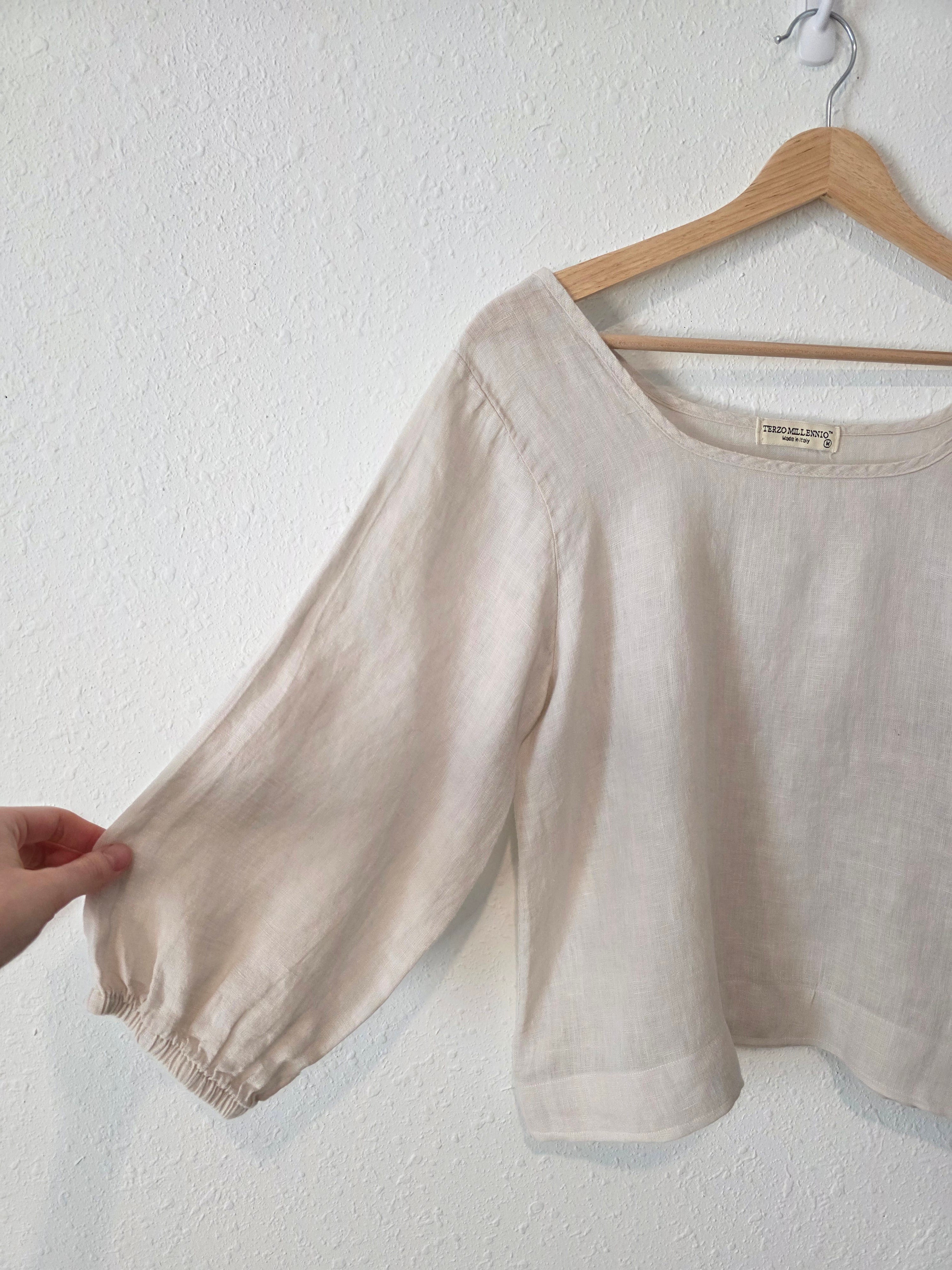 Square Neck Puff Sleeve Linen Top (M)