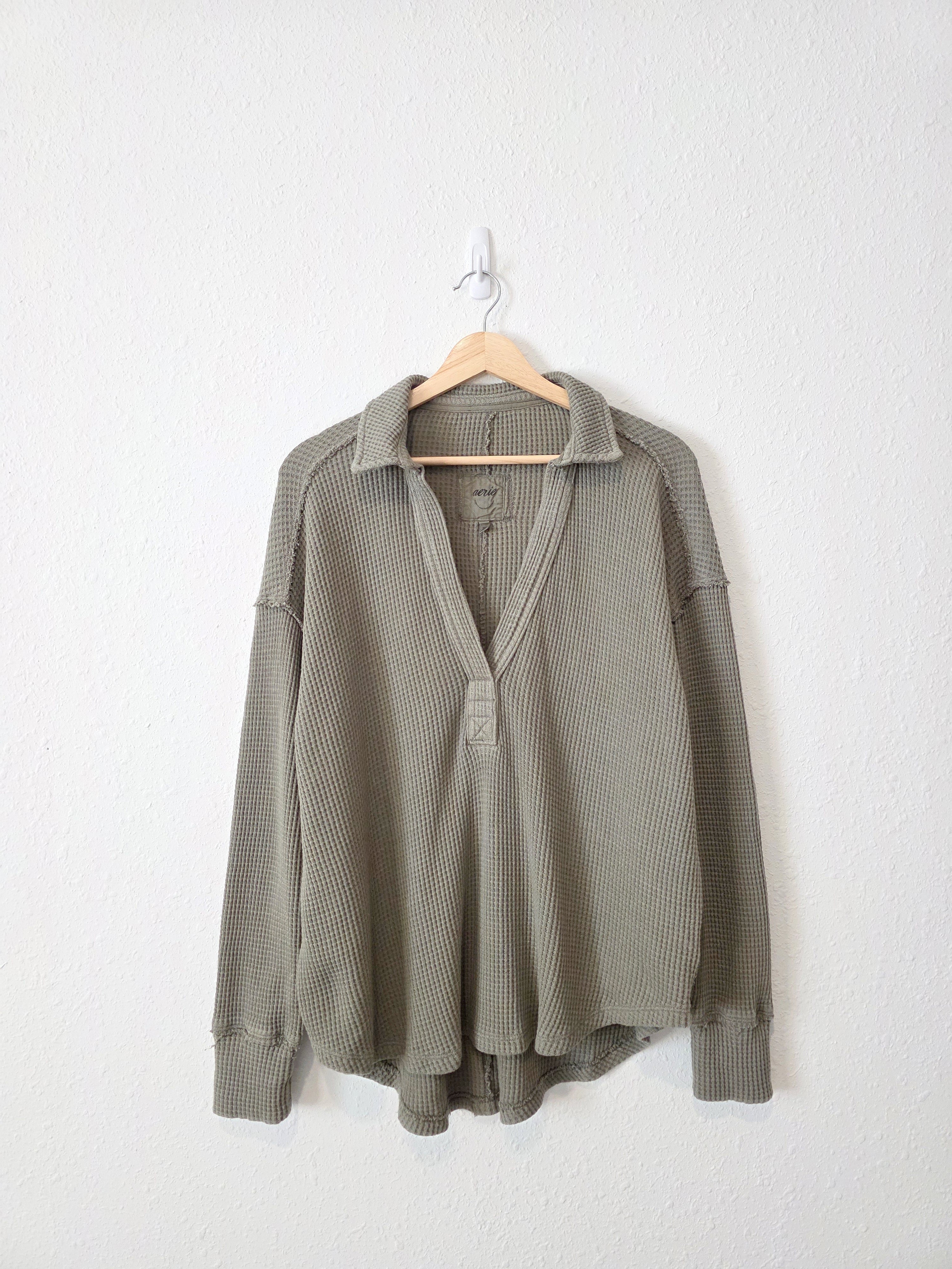 Aerie Green Waffle V Neck Sweater (M)