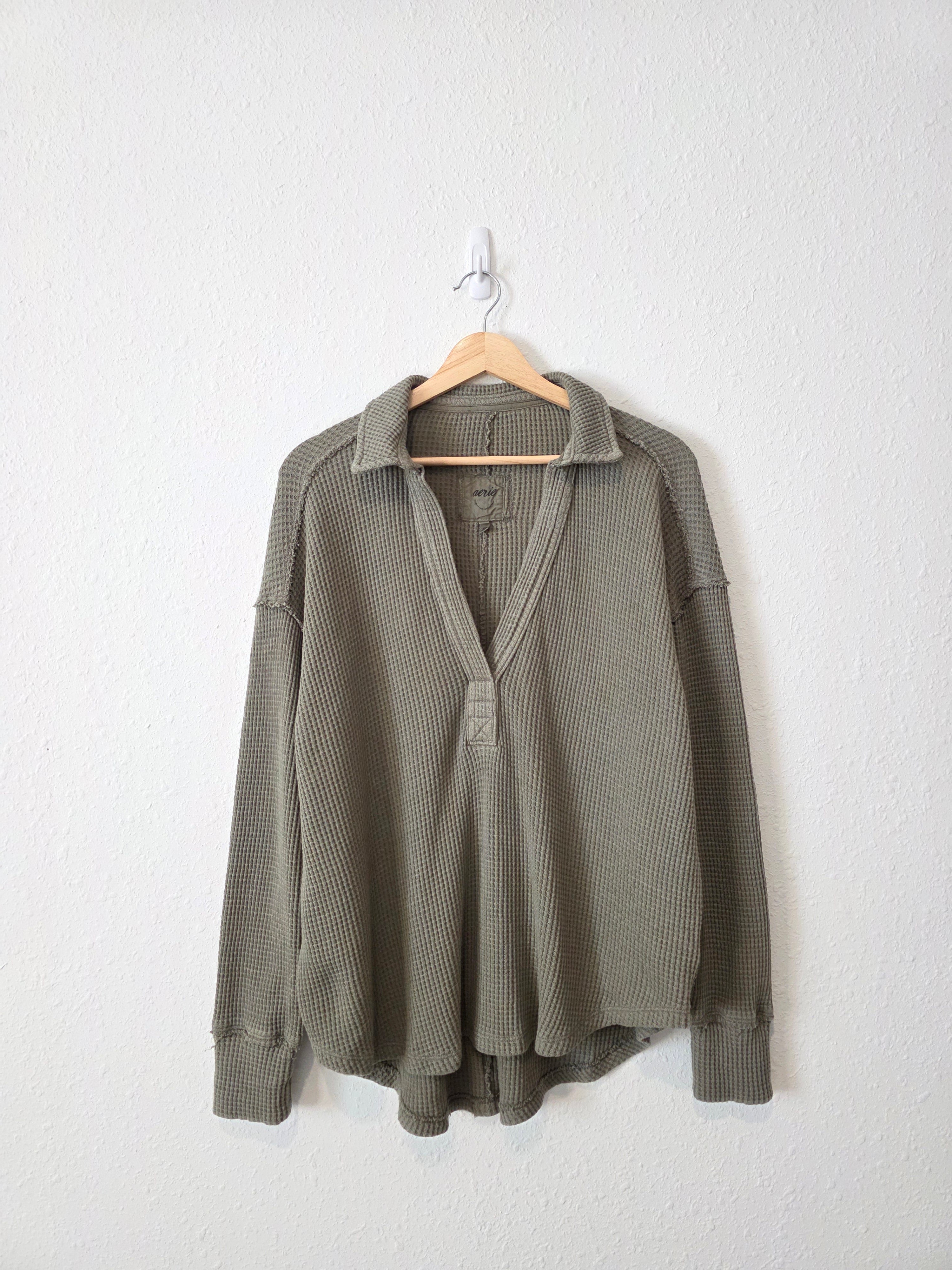Aerie Green Waffle V Neck Sweater (M)