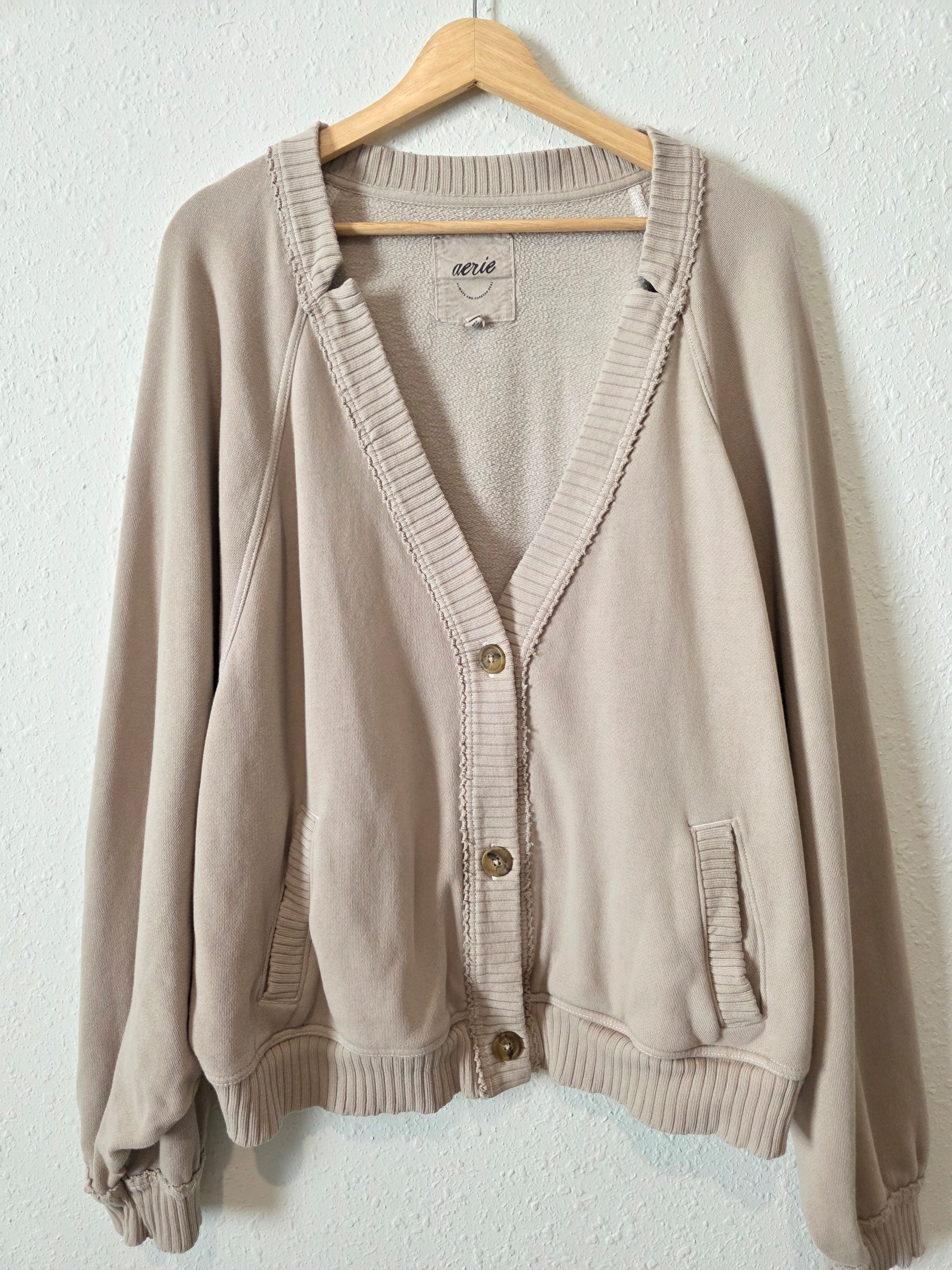 Aerie Taupe Fleece Cardigan (XXL)