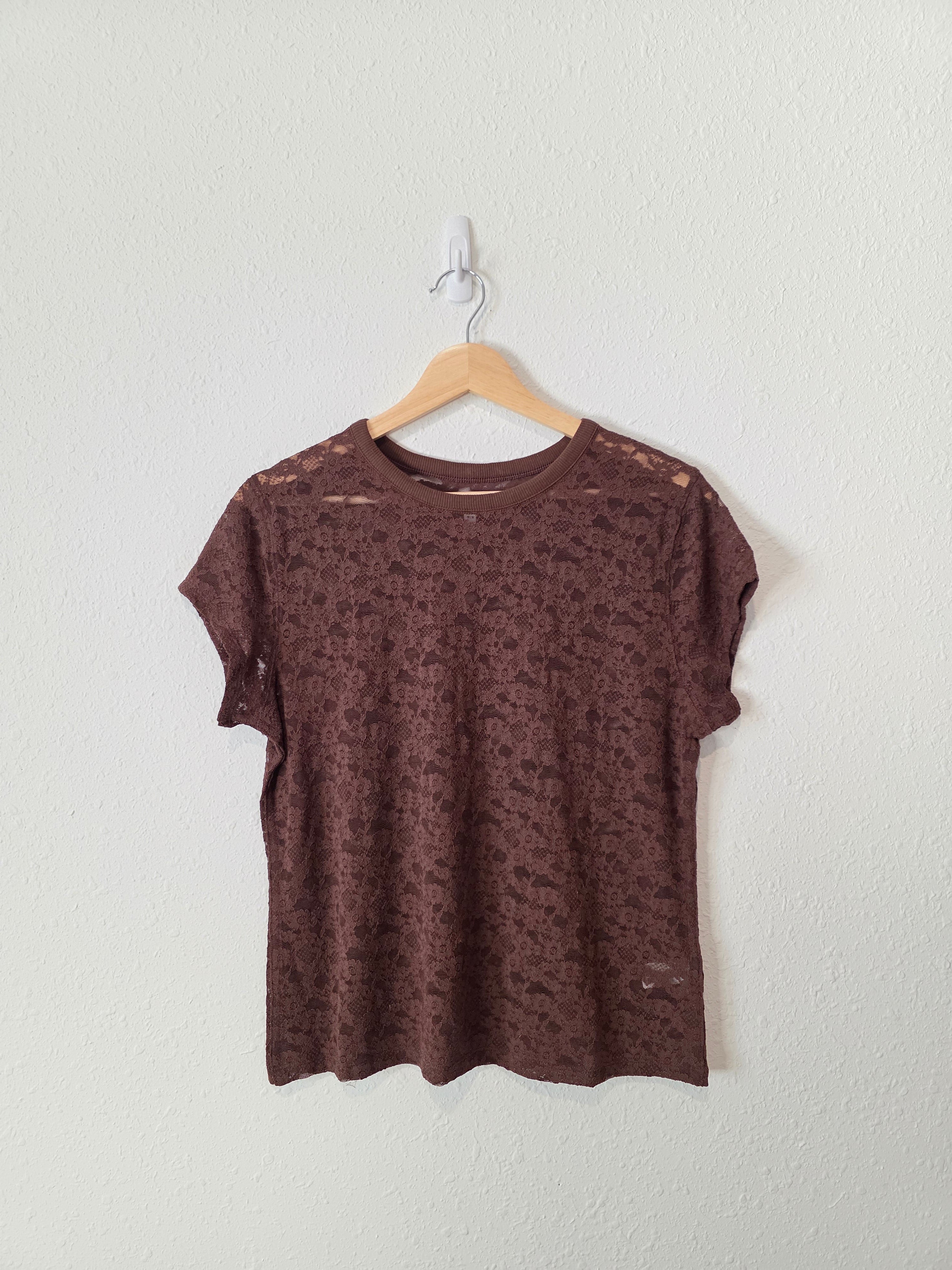 Aerie Brown Lace Short Sleeve Tee (M)