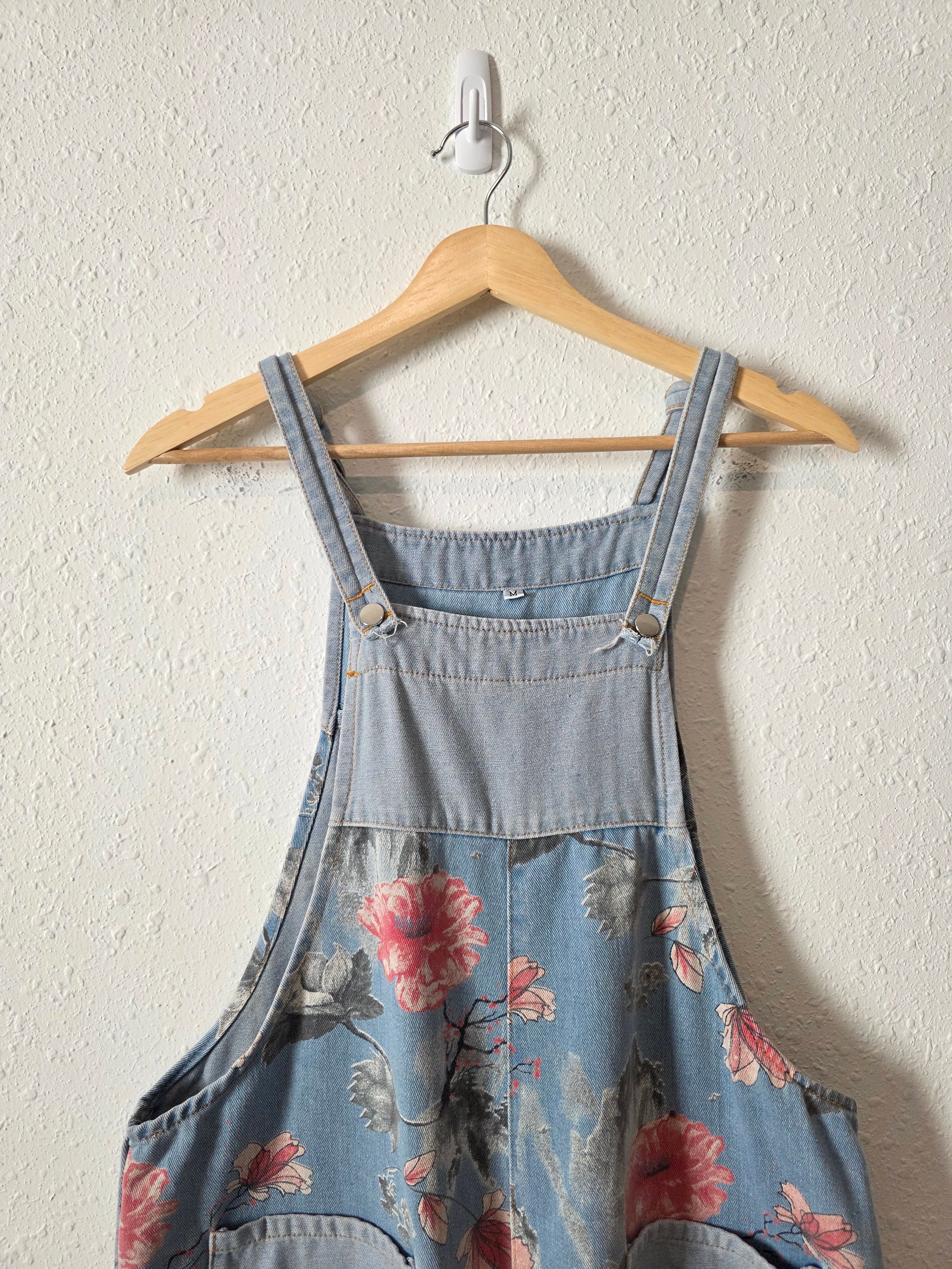 Wide Leg Floral Denim Overalls (M)