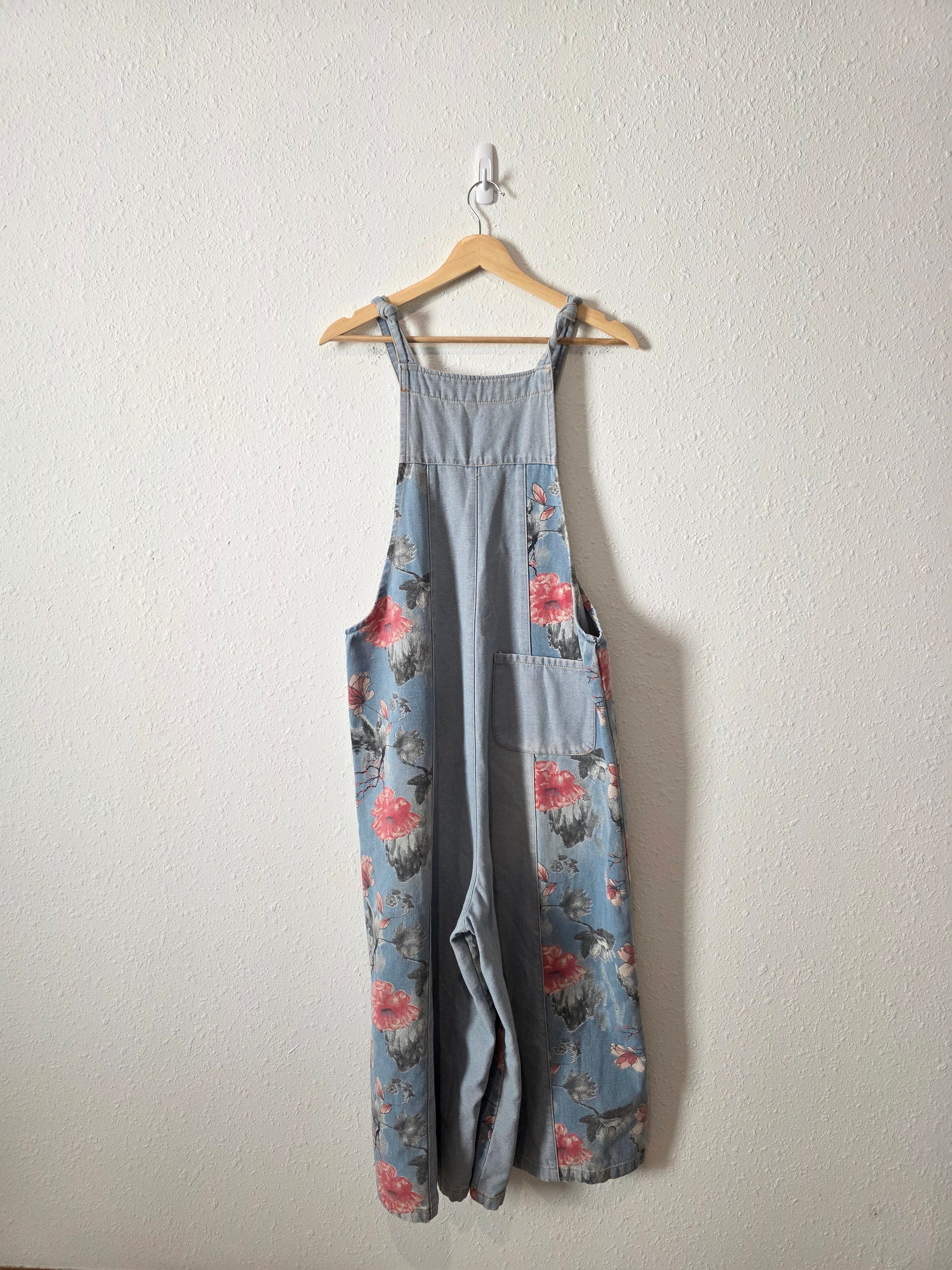 Wide Leg Floral Denim Overalls (M)