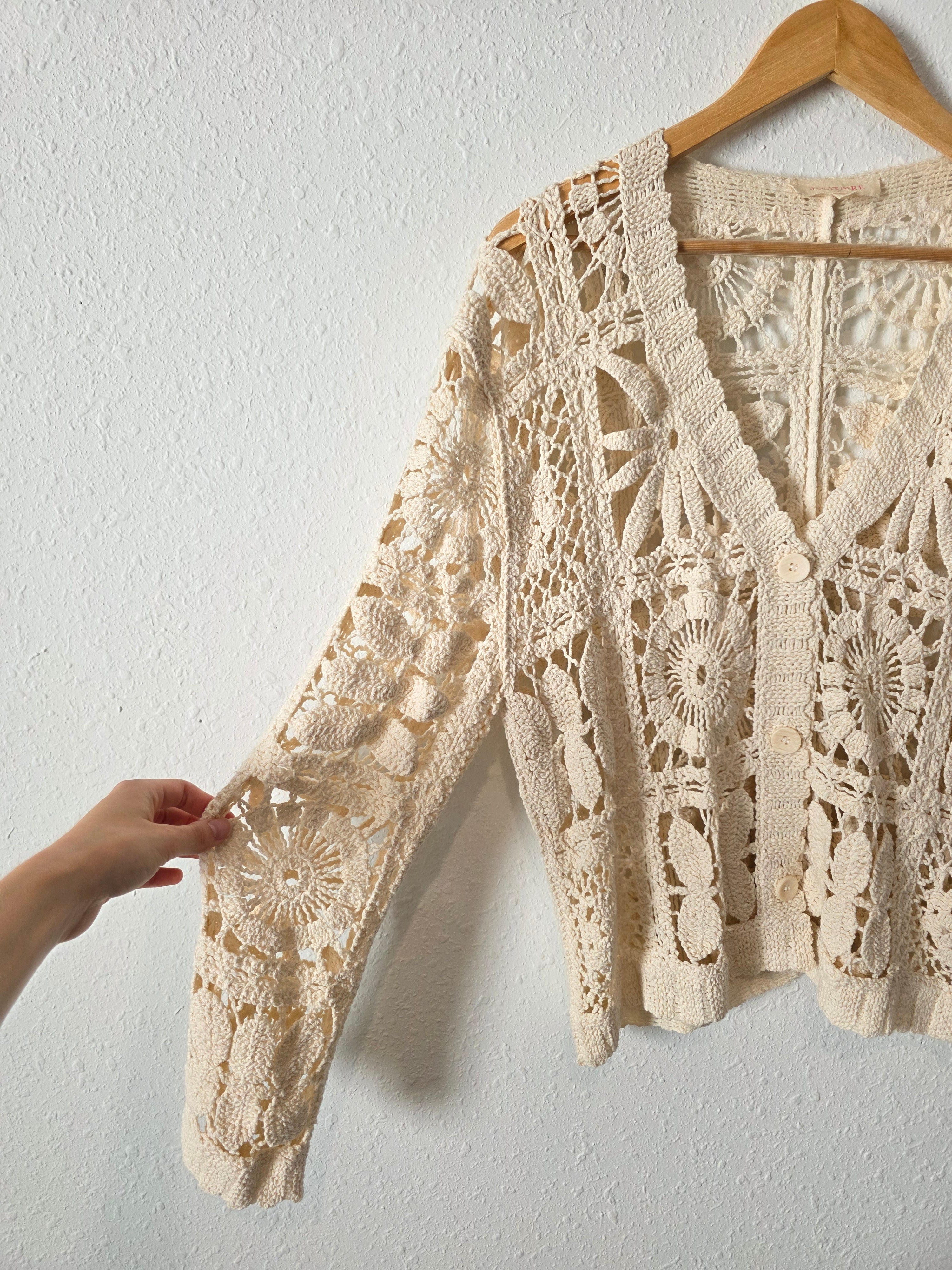 Cream Floral Crochet Cardigan (L)