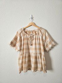 Plaid Cotton Linen Babydoll Top (M)