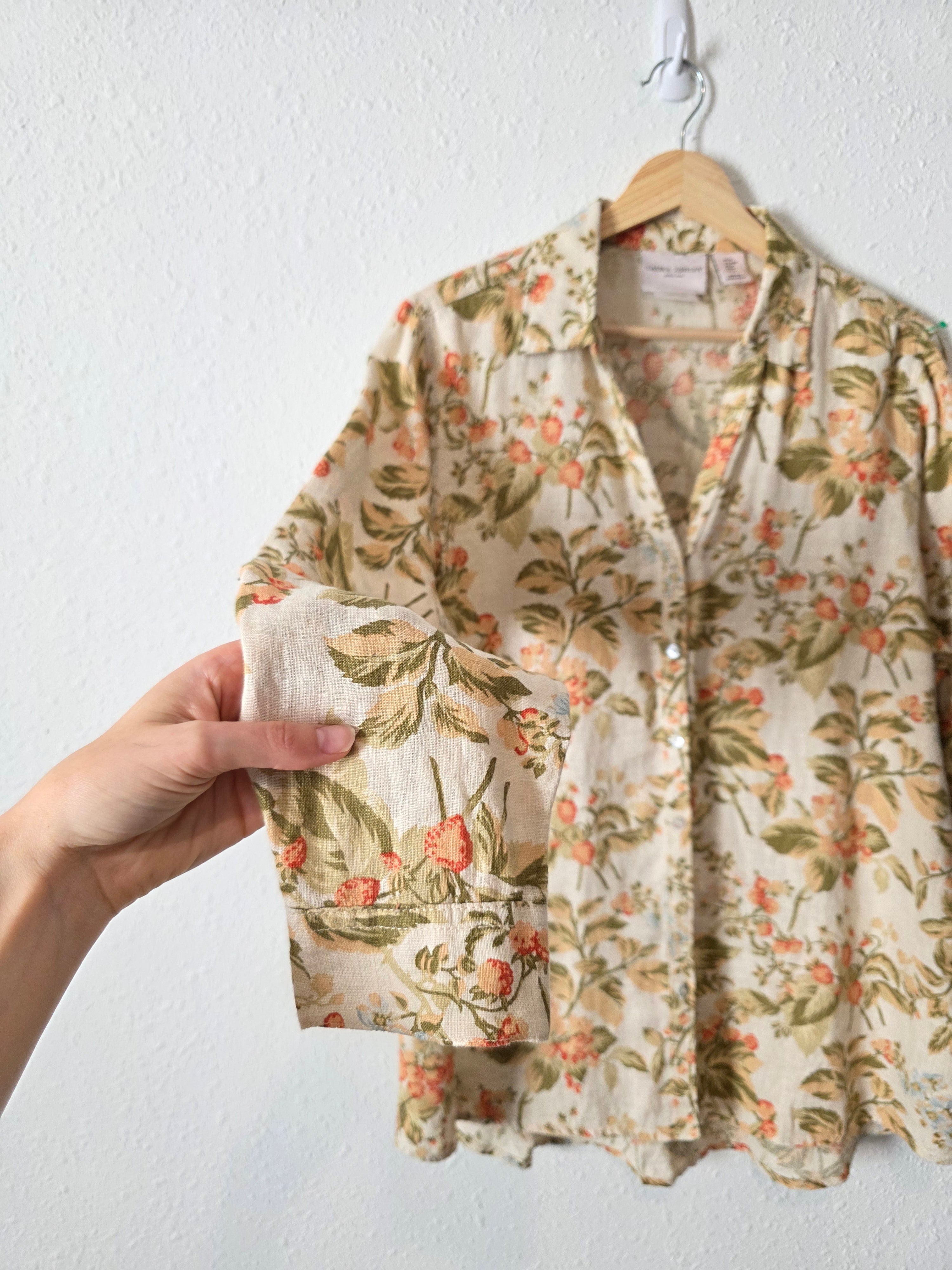 Strawberry Print Linen Button Up Shirt (M)