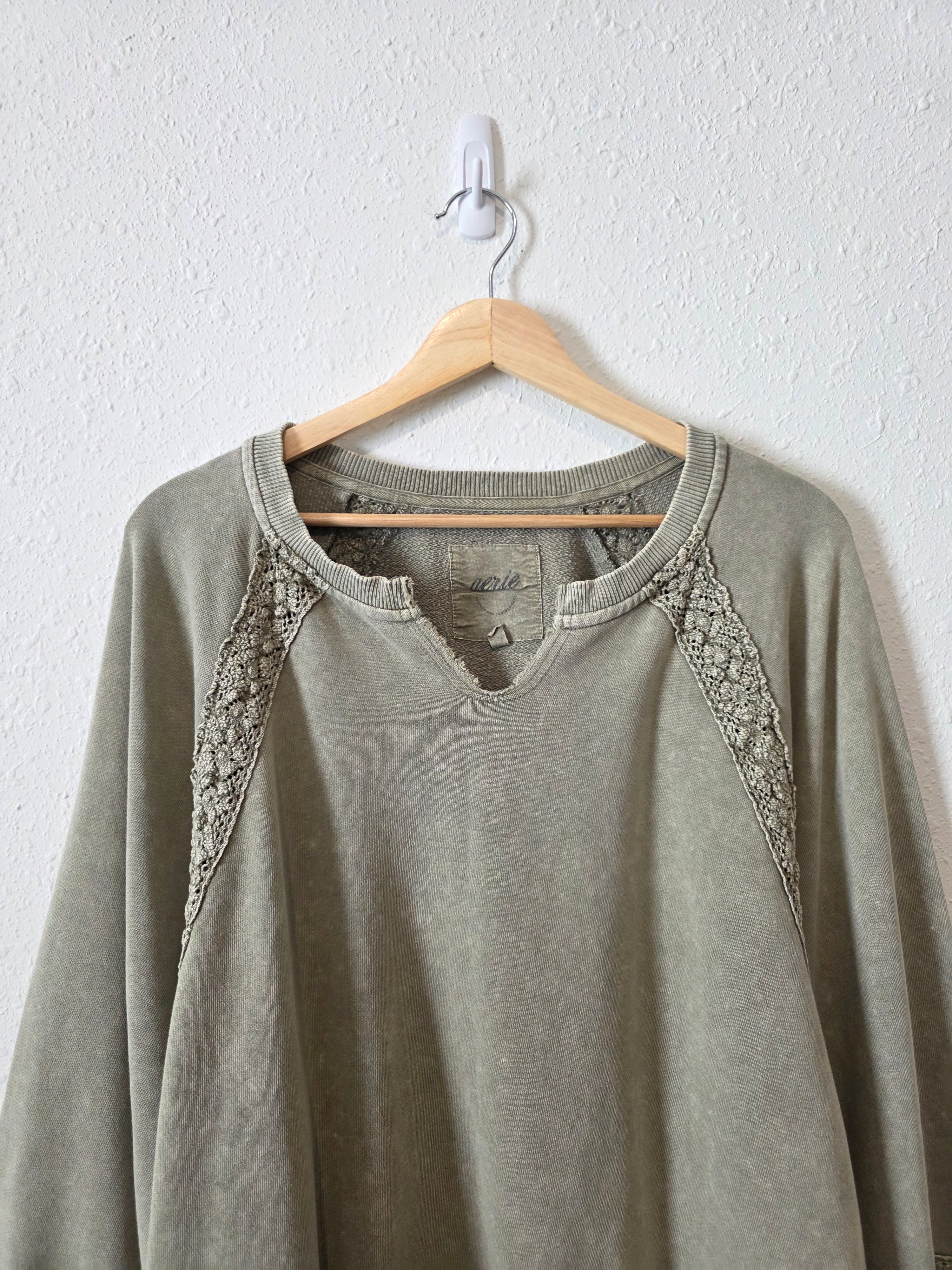 Aerie Olive Crochet Sweatshirt (XL)