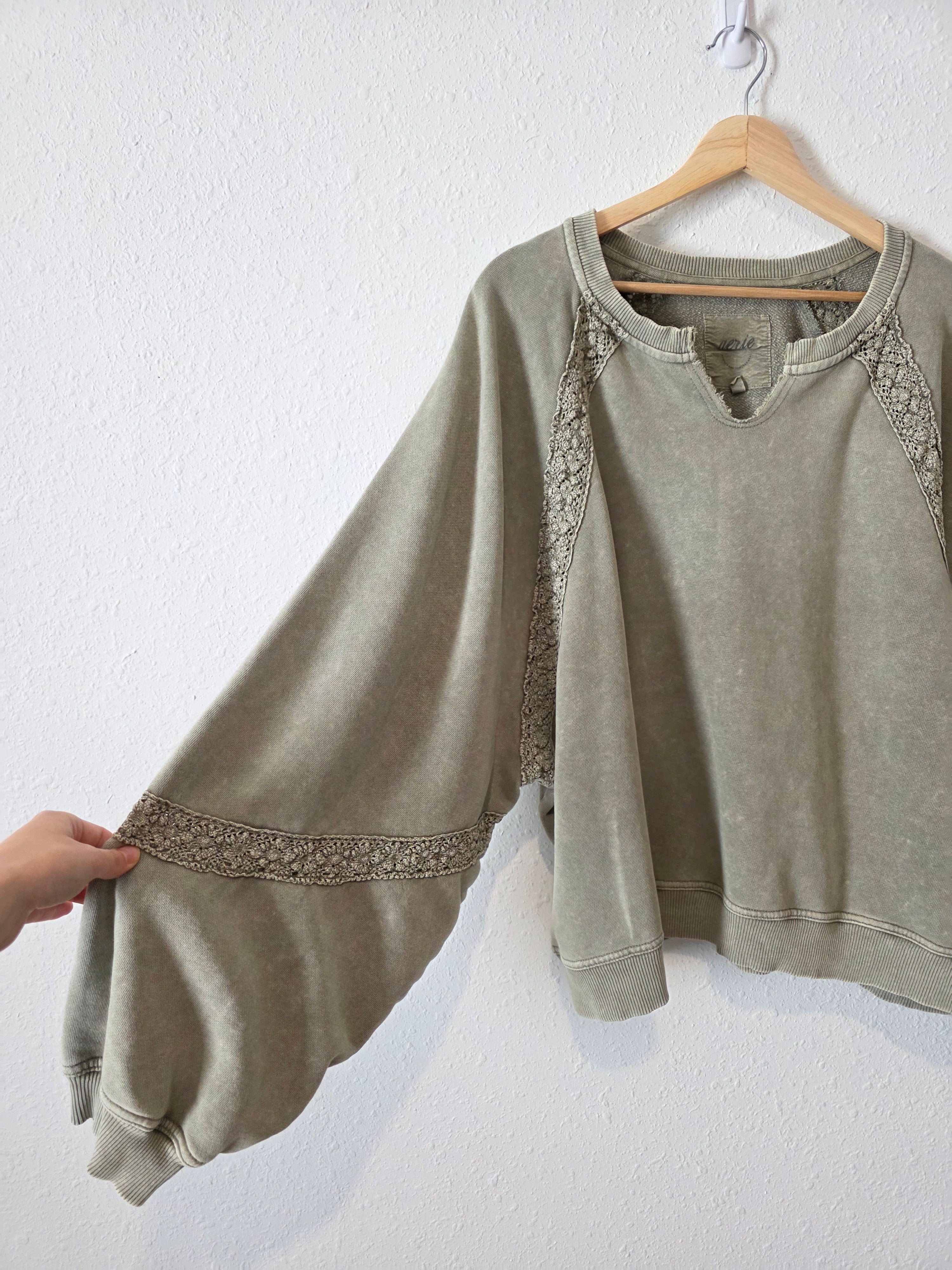 Aerie Olive Crochet Sweatshirt (XL)