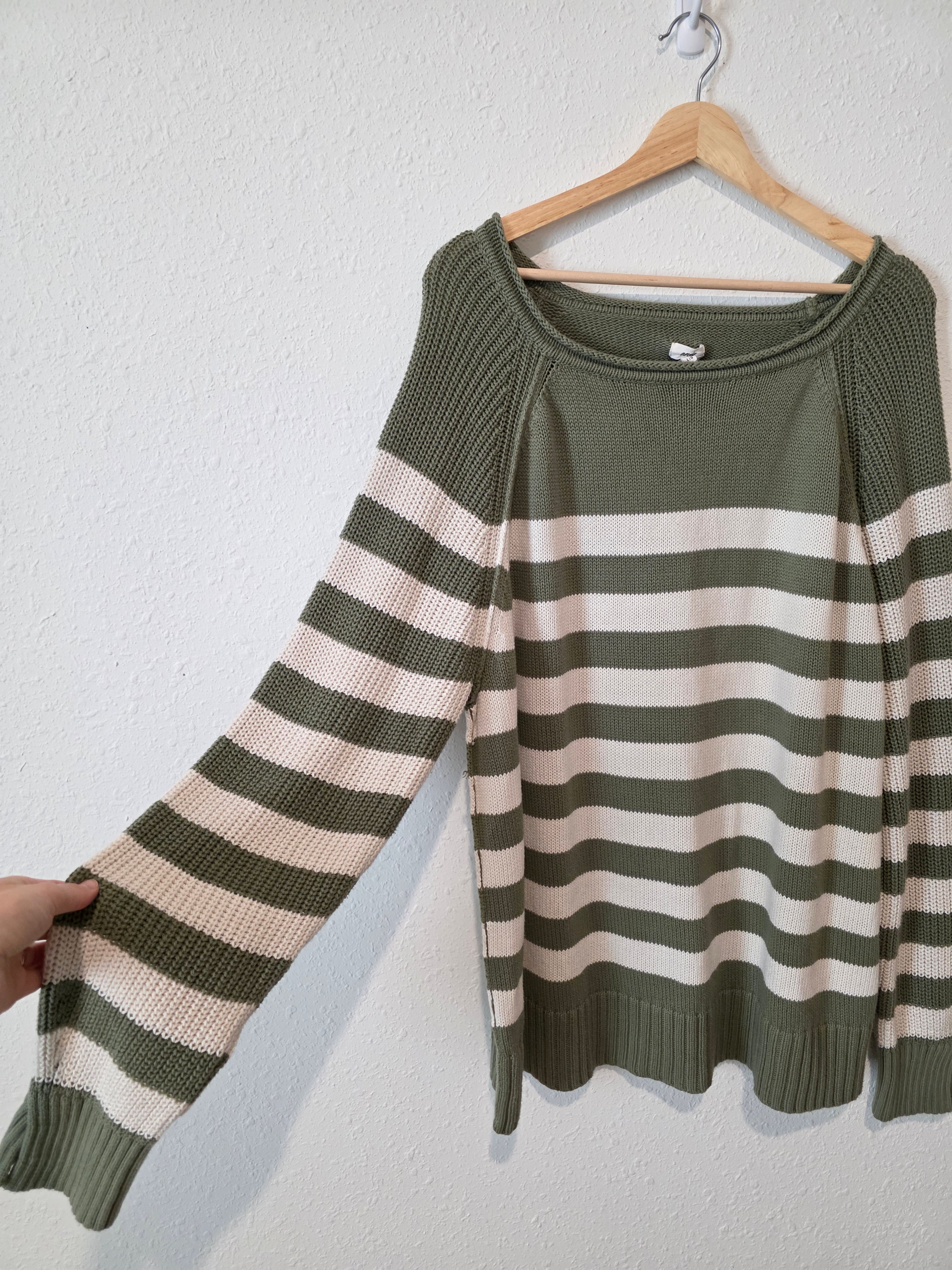 Aerie Green Striped Cotton Sweater (L)