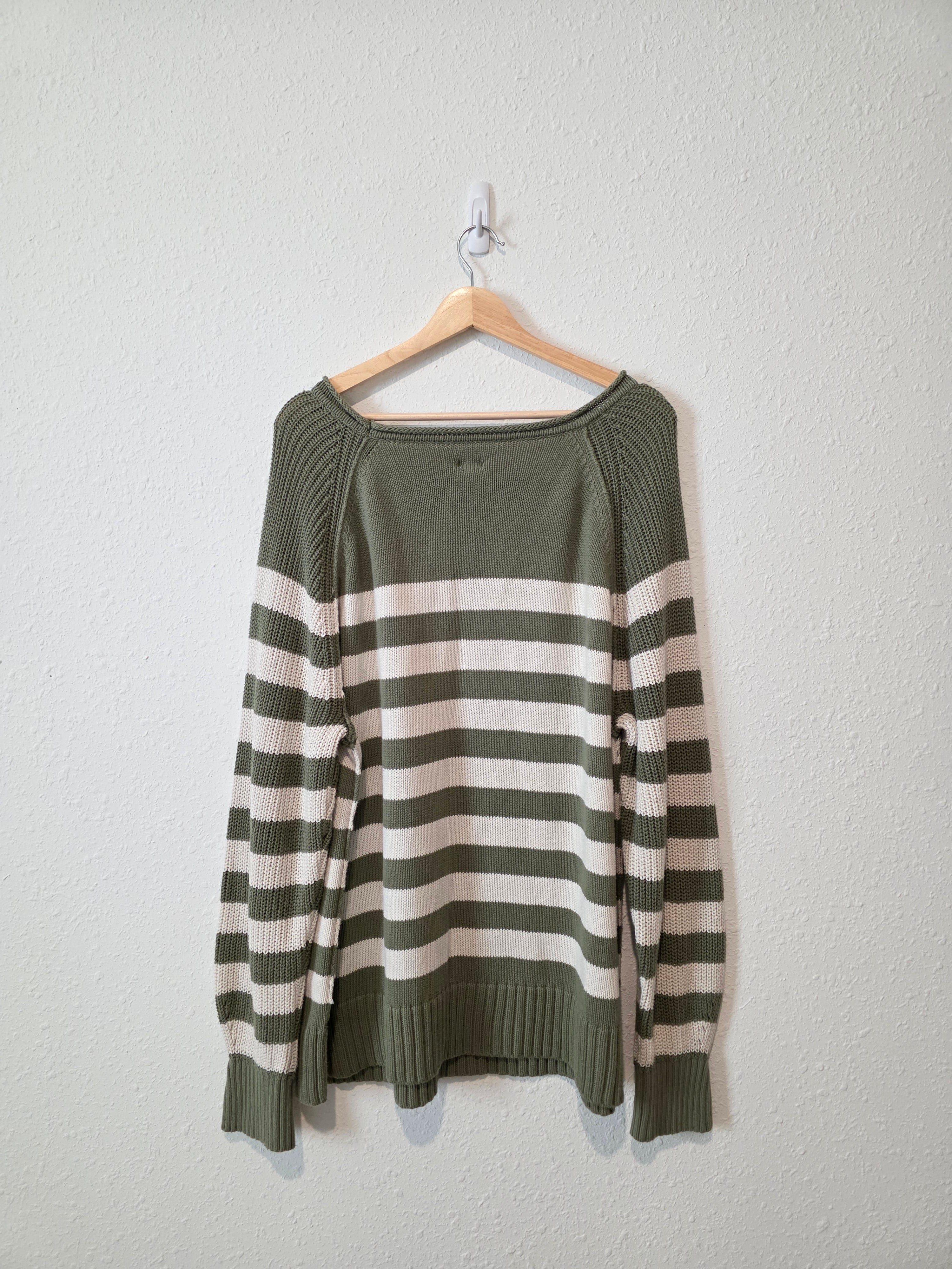 Aerie Green Striped Cotton Sweater (L)